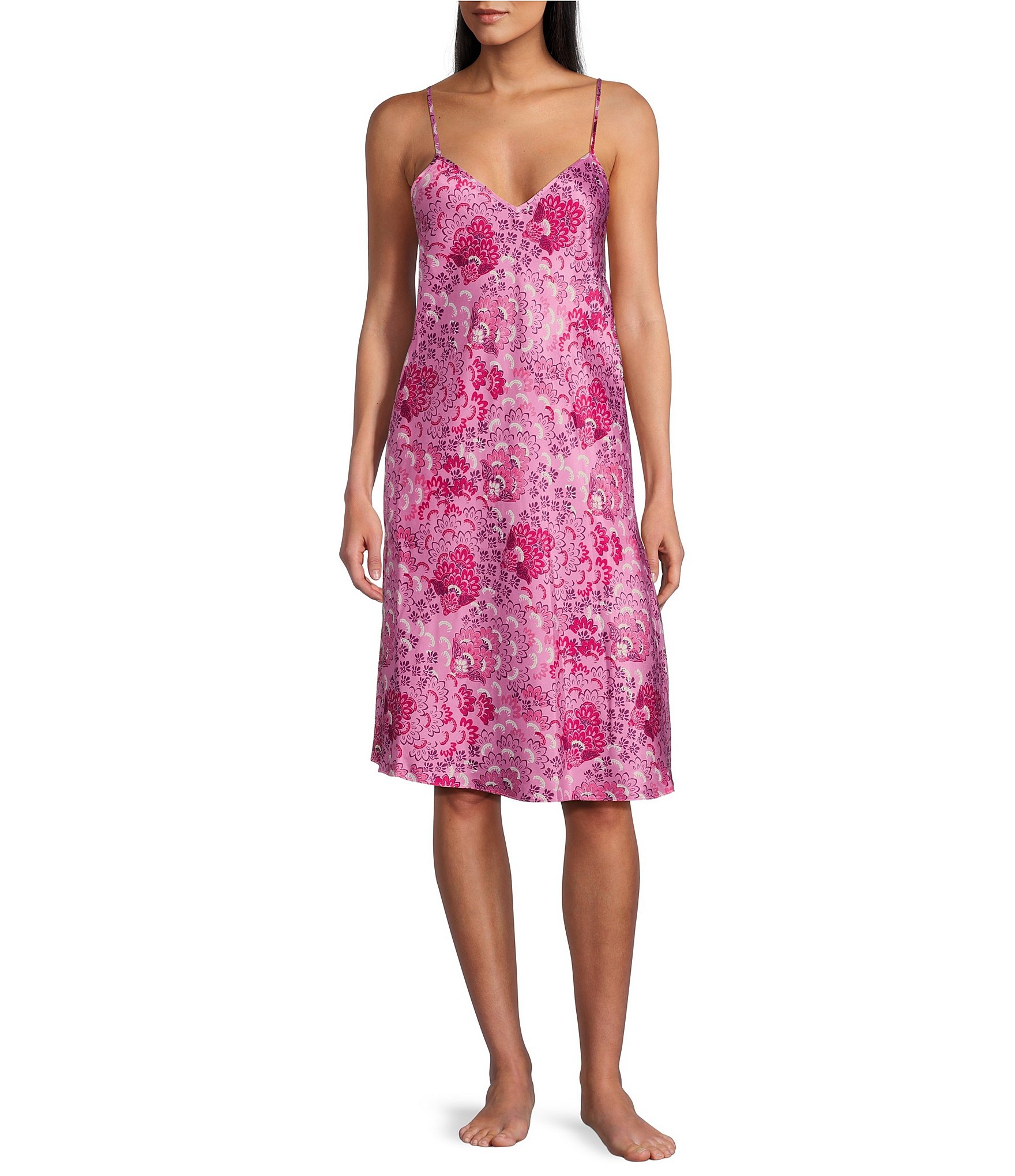 Cabernet Woven Satin Floral Print Sleeveless V-Neck Chemise