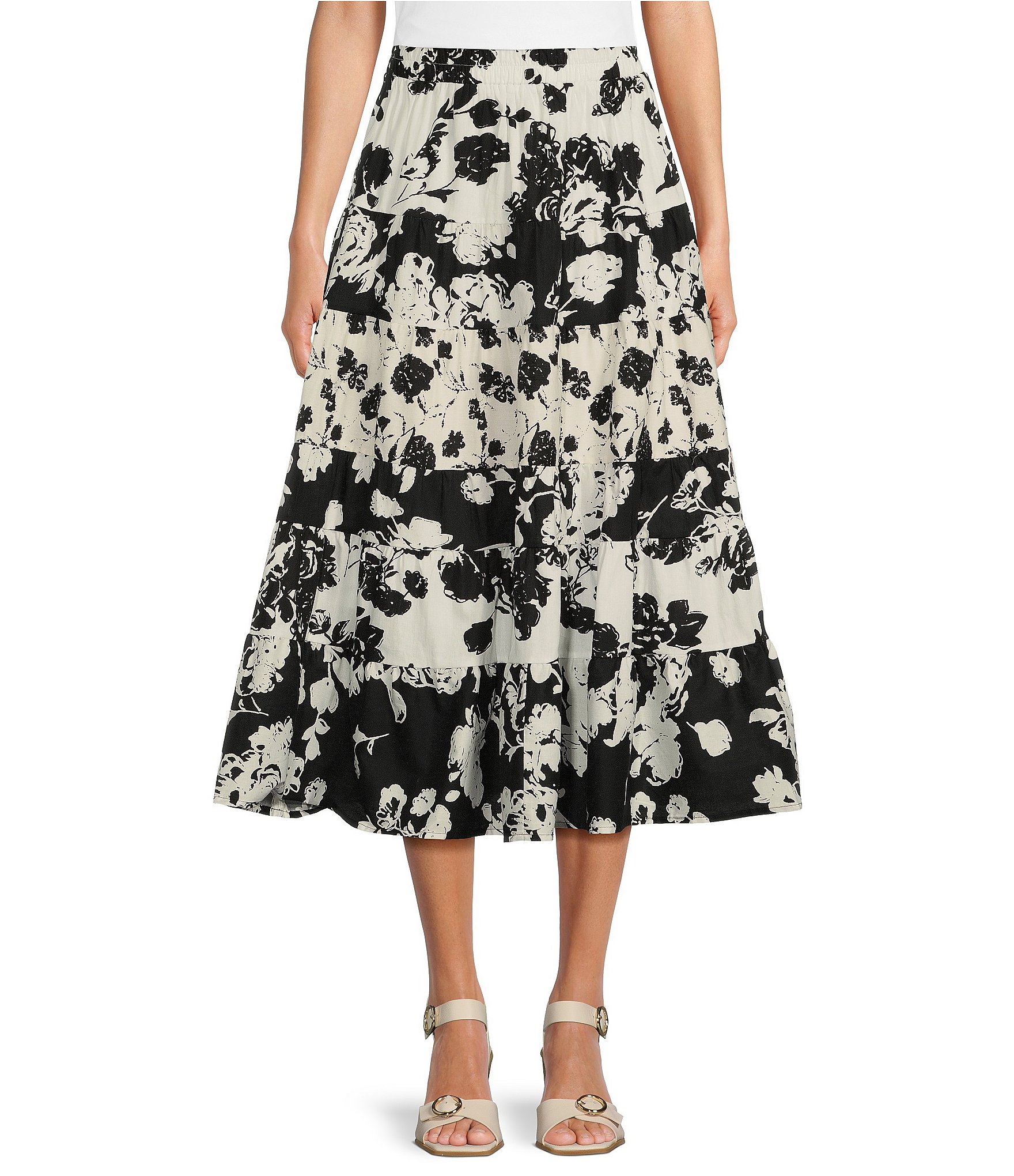 Calessa Abstract Floral Mix Print Tiered A-Line Midi Skirt | Dillard's