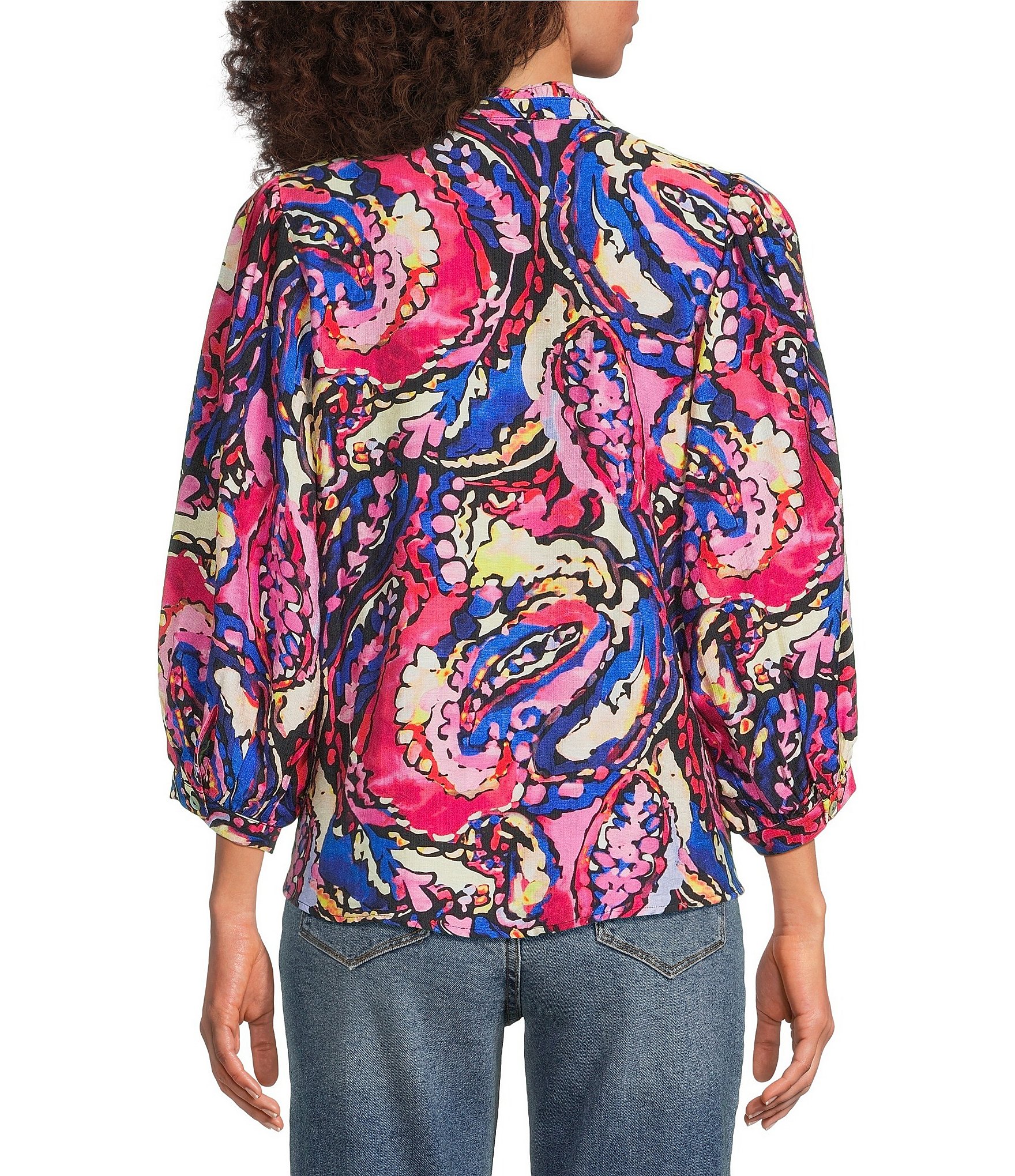 Calessa Abstract Patchwork Round Split V-Neck 3/4 Sleeve Button Front Tunic