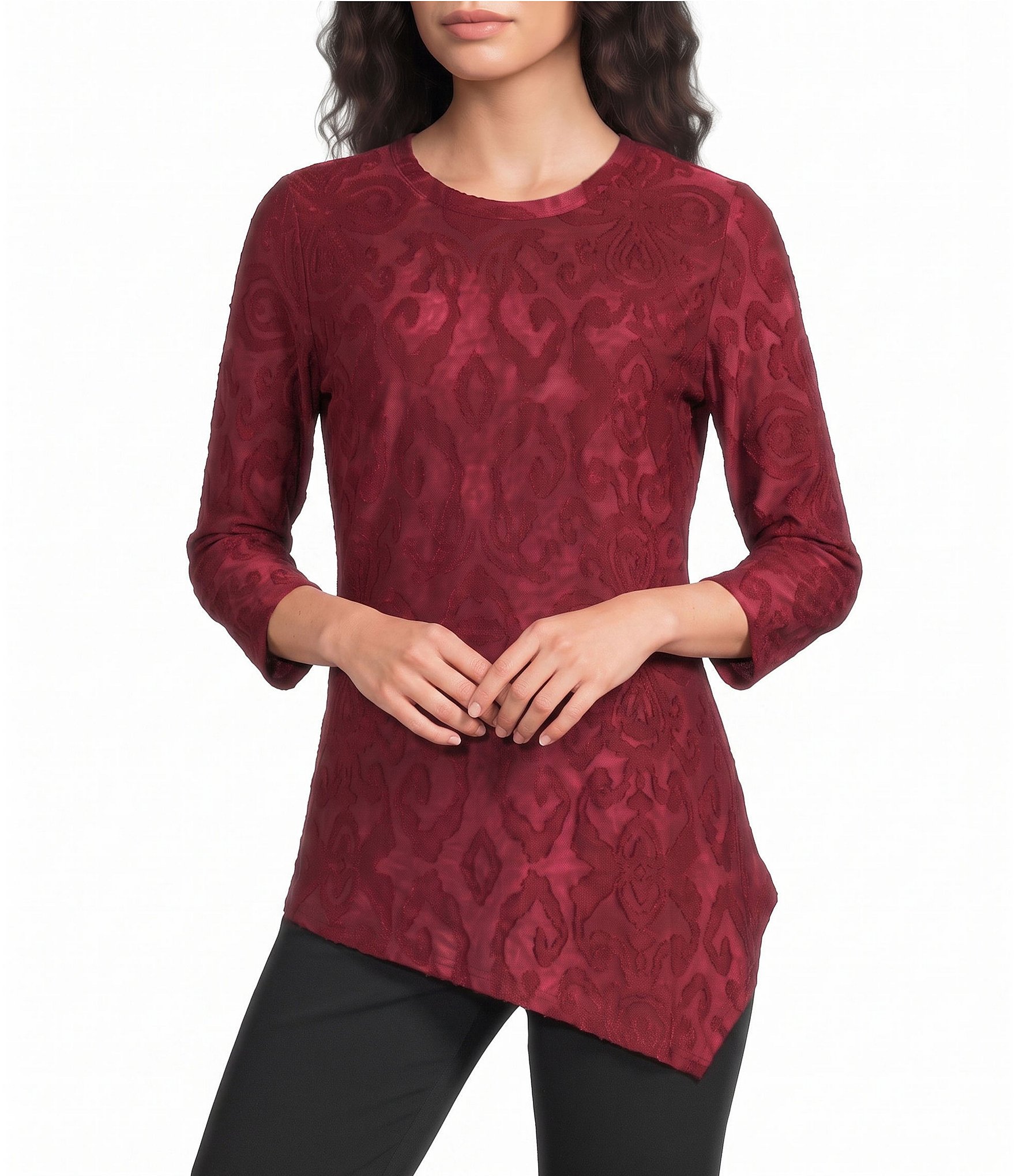 Calessa Burnout Print Scoop Neck 3/4 Sleeve Asymmetric Hem Top