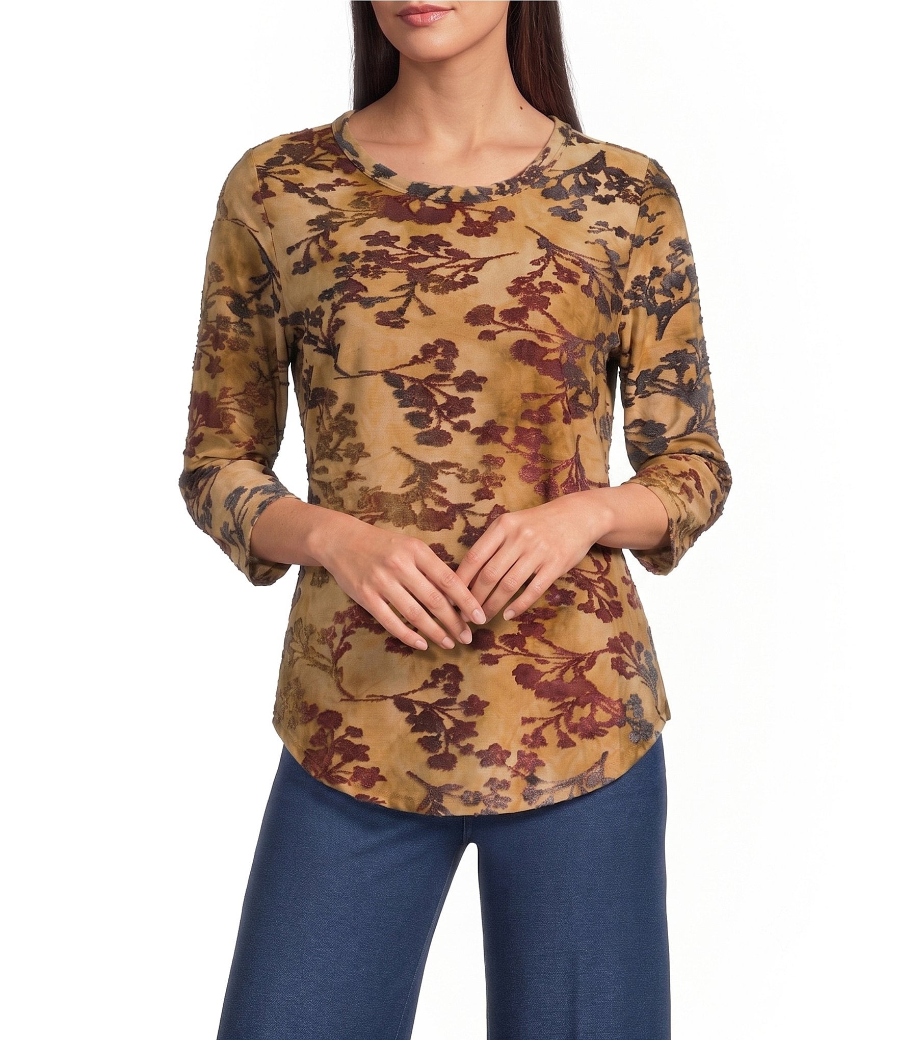 Calessa Burnout Tie-Dye Crew Neck 3/4 Sleeve Top