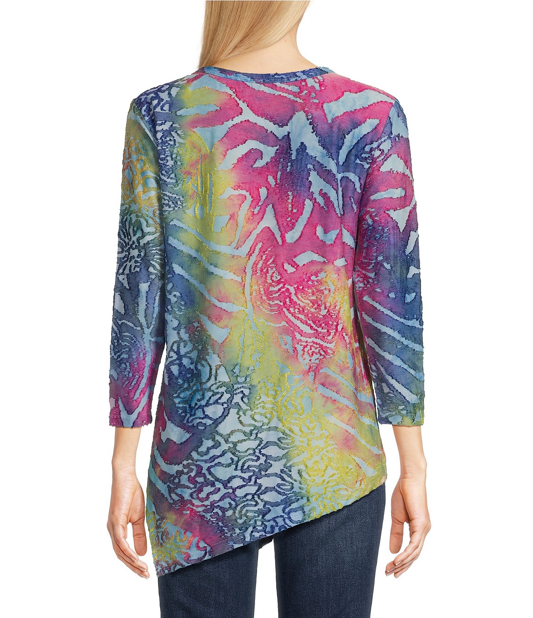 Calessa Burnout Tie Dye Crew Neck 3/4 Sleeve Tunic