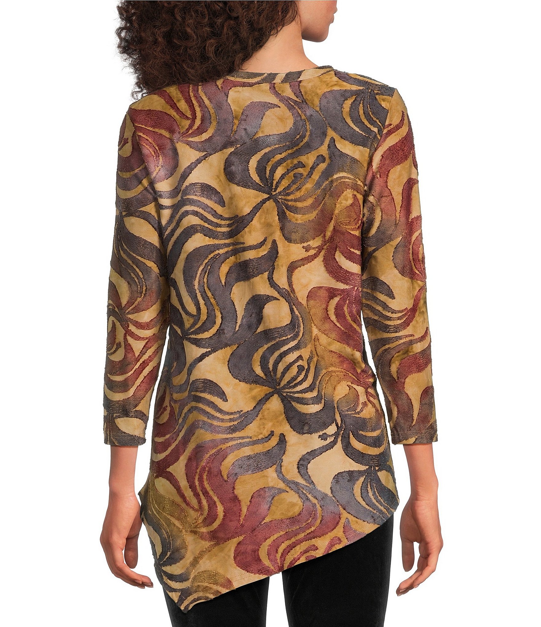 Calessa Burnout Tie-Dye Printed Crew Neck 3/4 Sleeve Asymmetric Dipped Hem Tunic