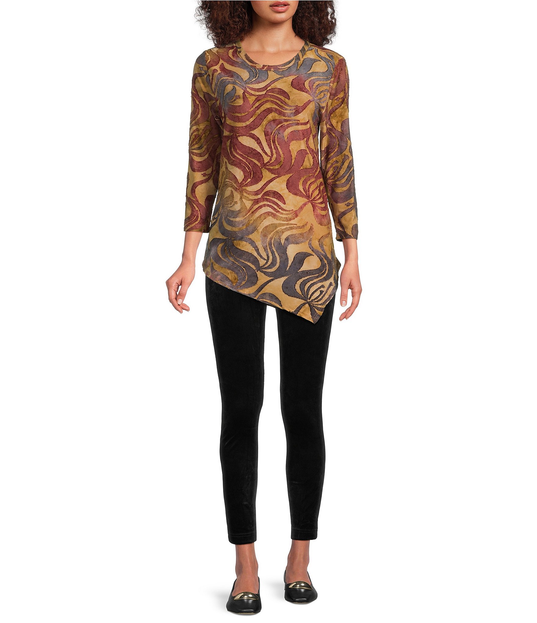 Calessa Burnout Tie-Dye Printed Crew Neck 3/4 Sleeve Asymmetric Dipped Hem Tunic