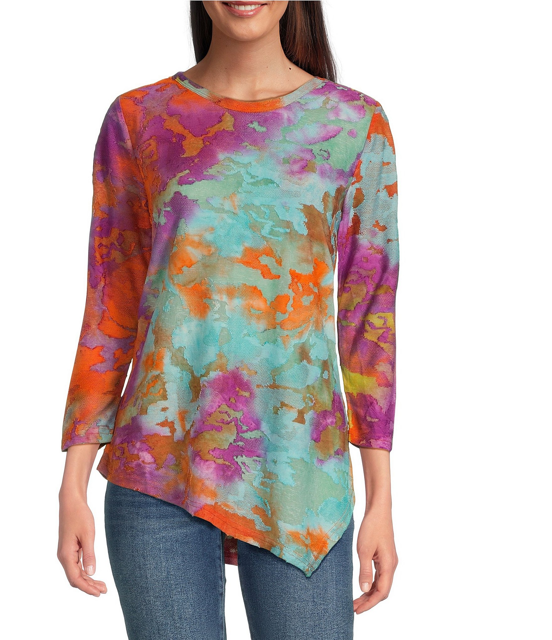 Calessa Burnout Tie-Dye Crew Neck Long Sleeve Asymmetric Hem Tunic