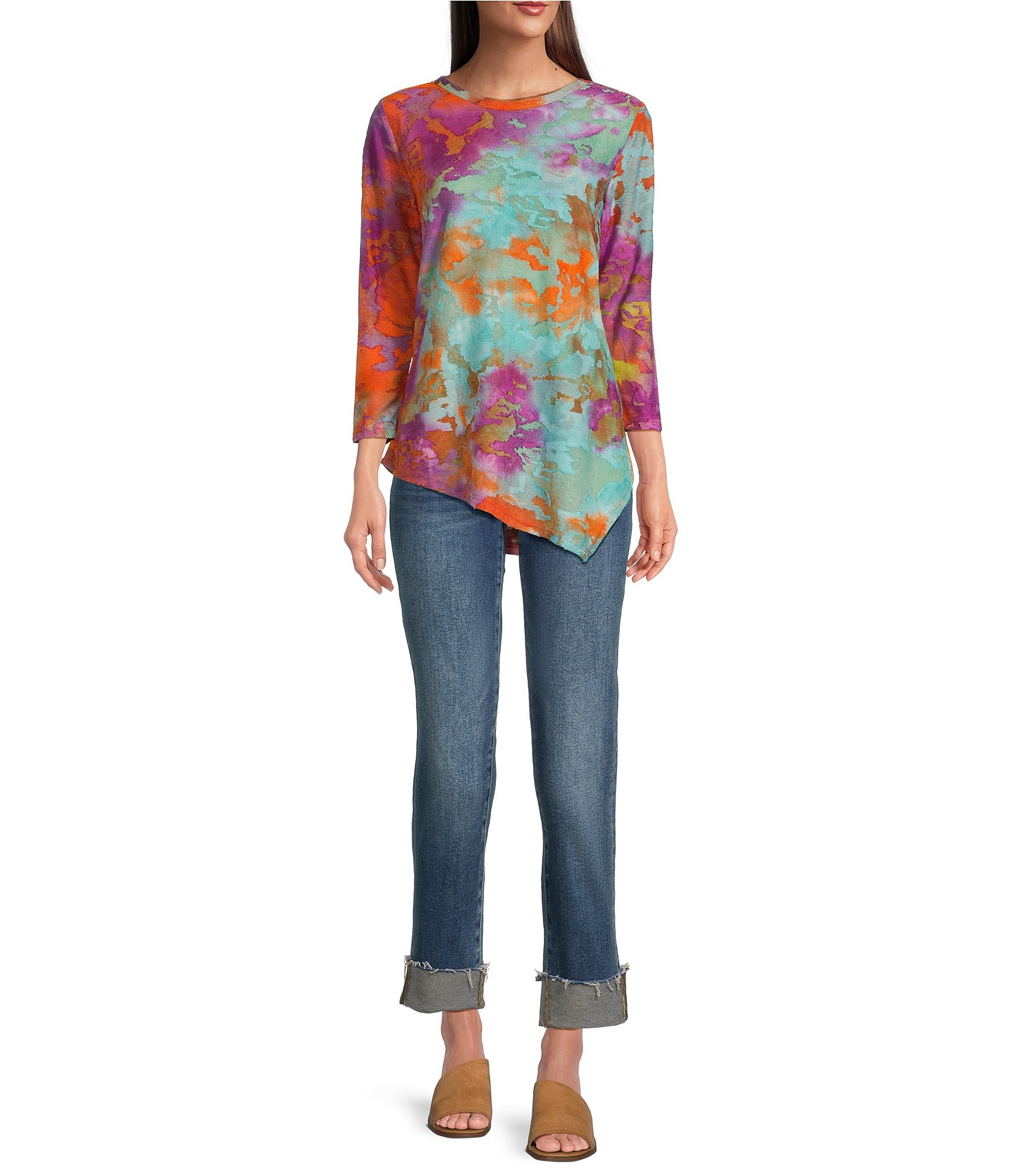 Calessa Burnout Tie-Dye Crew Neck 3/4 Sleeve Asymmetric Hem Tunic