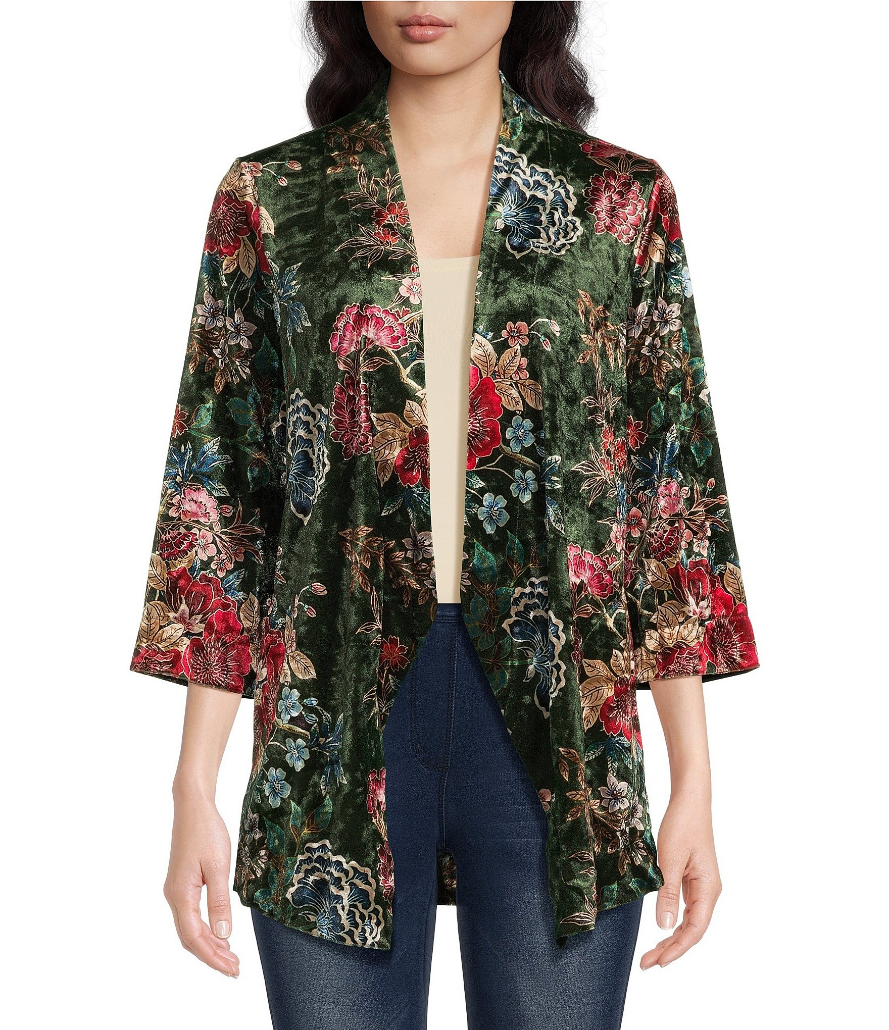 Calessa Cherry Blossom Print Velvet Shawl Collar 3/4 Sleeve Open-Front ...