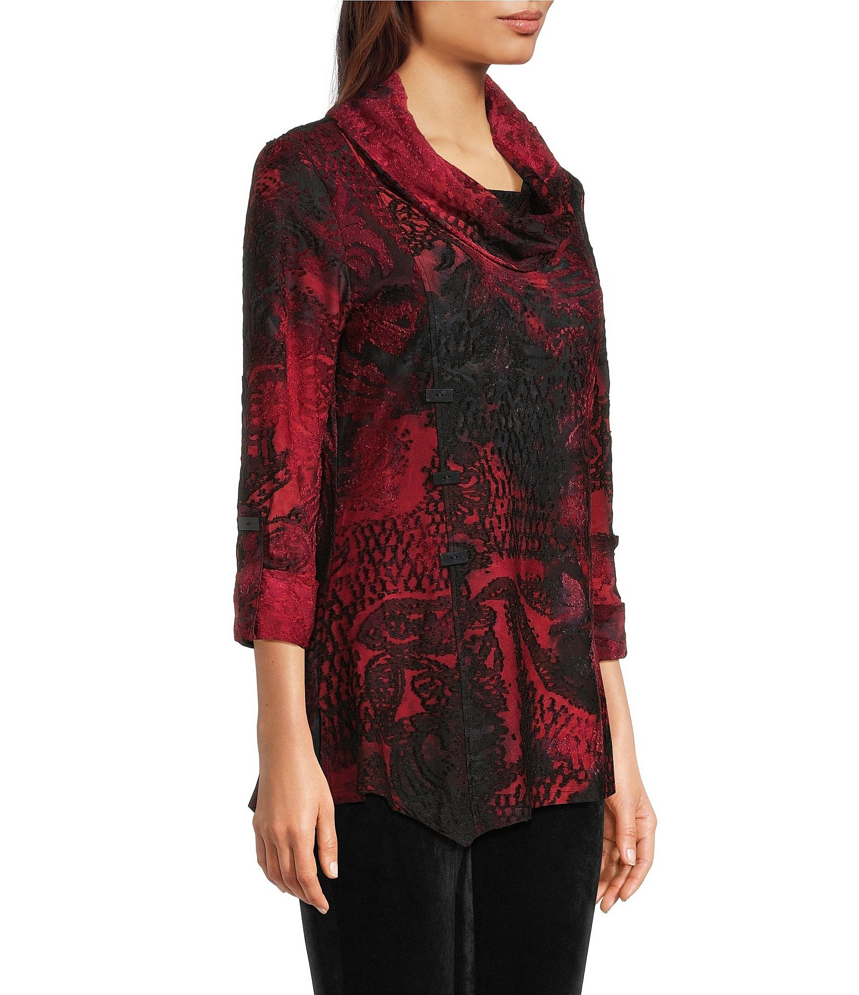 Calessa Cowl Neck 3/4 Roll-Tab Sleeve Burnout Tie Dye Knit Tunic