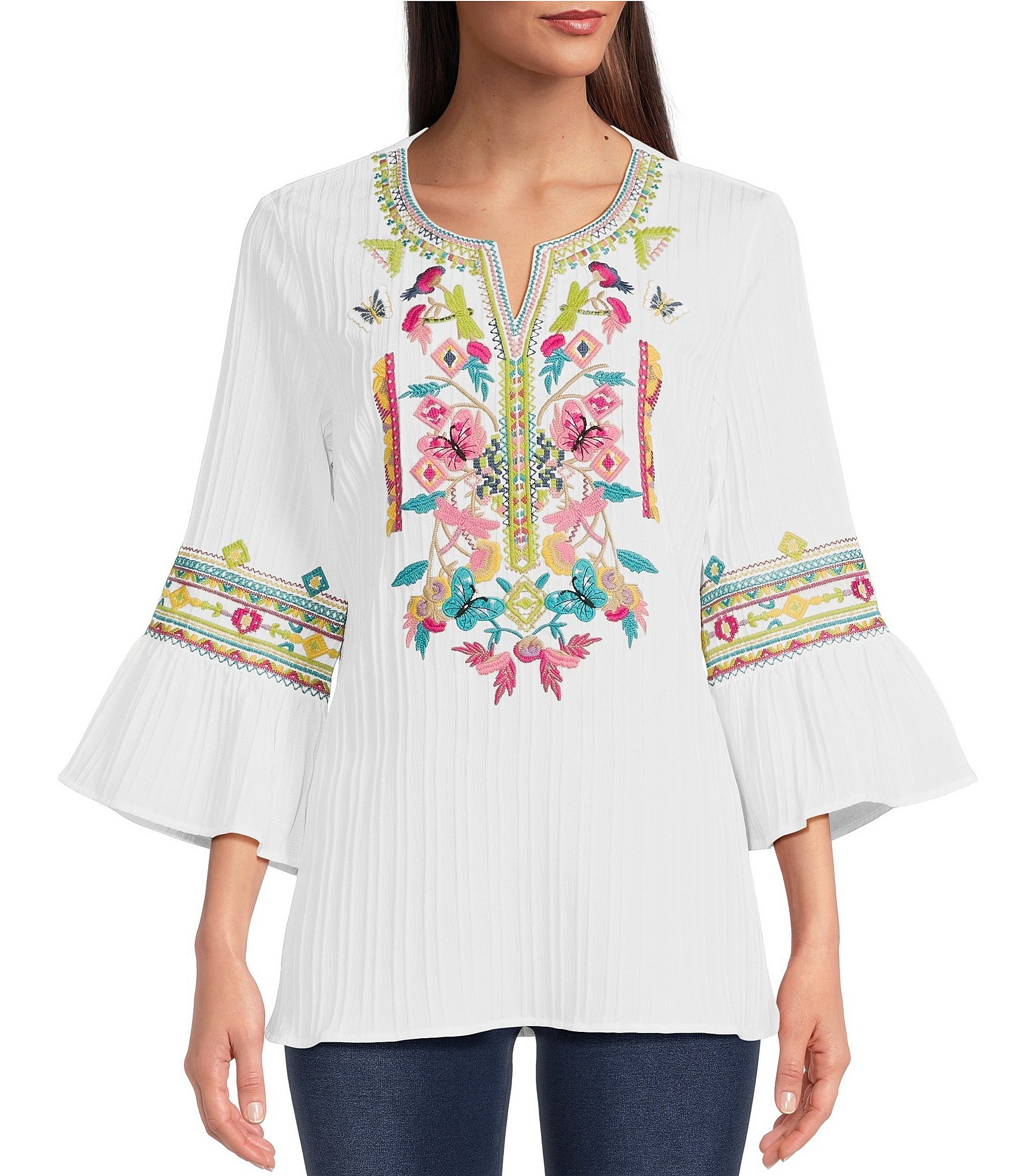 Calessa Embroidered Crinkle Woven Split V Neck 3 4 Ruffled Sleeve Tunic