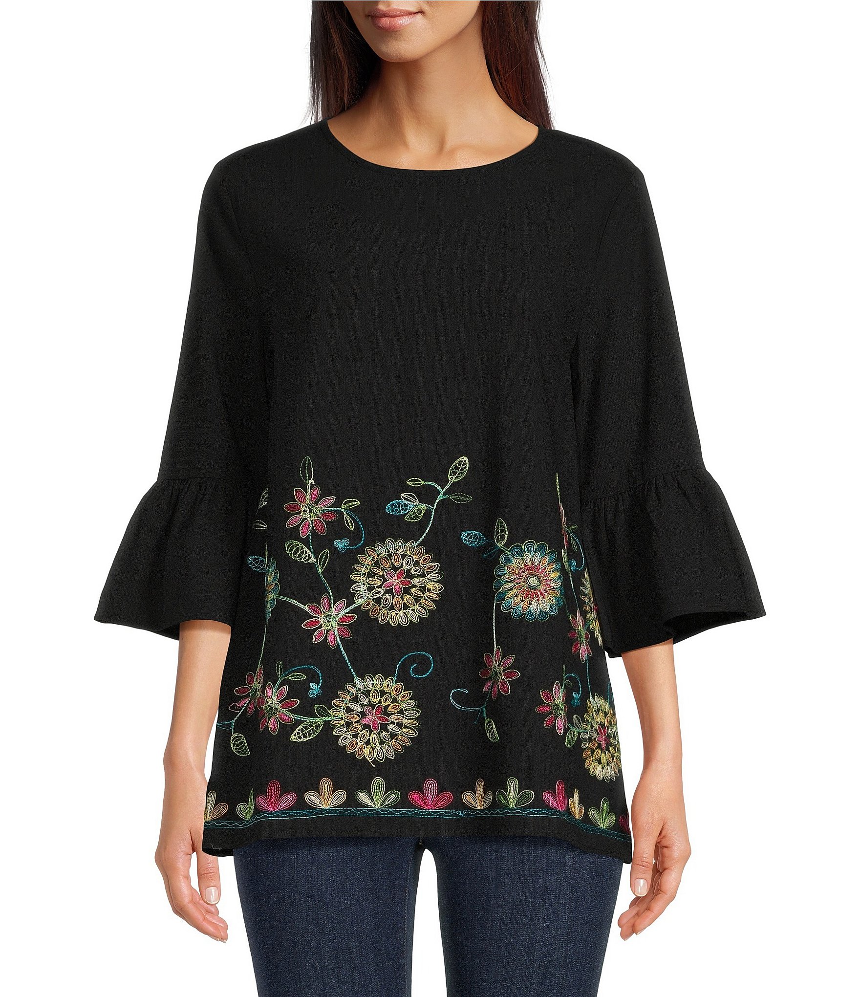 Calessa Embroidered Floral Border Crew Neck 3/4 Bell Sleeve Tunic ...