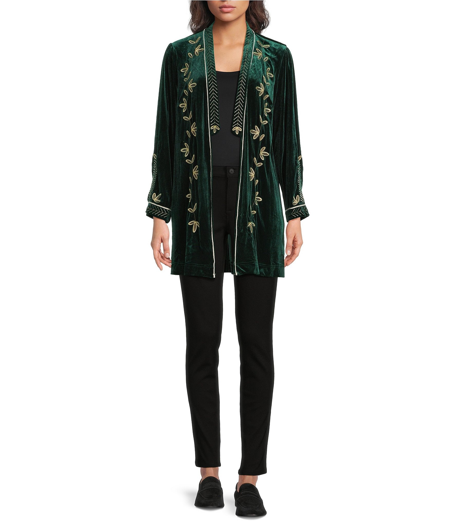 Calessa Embroidered Long Sleeve Open-Front Velvet Cardigan