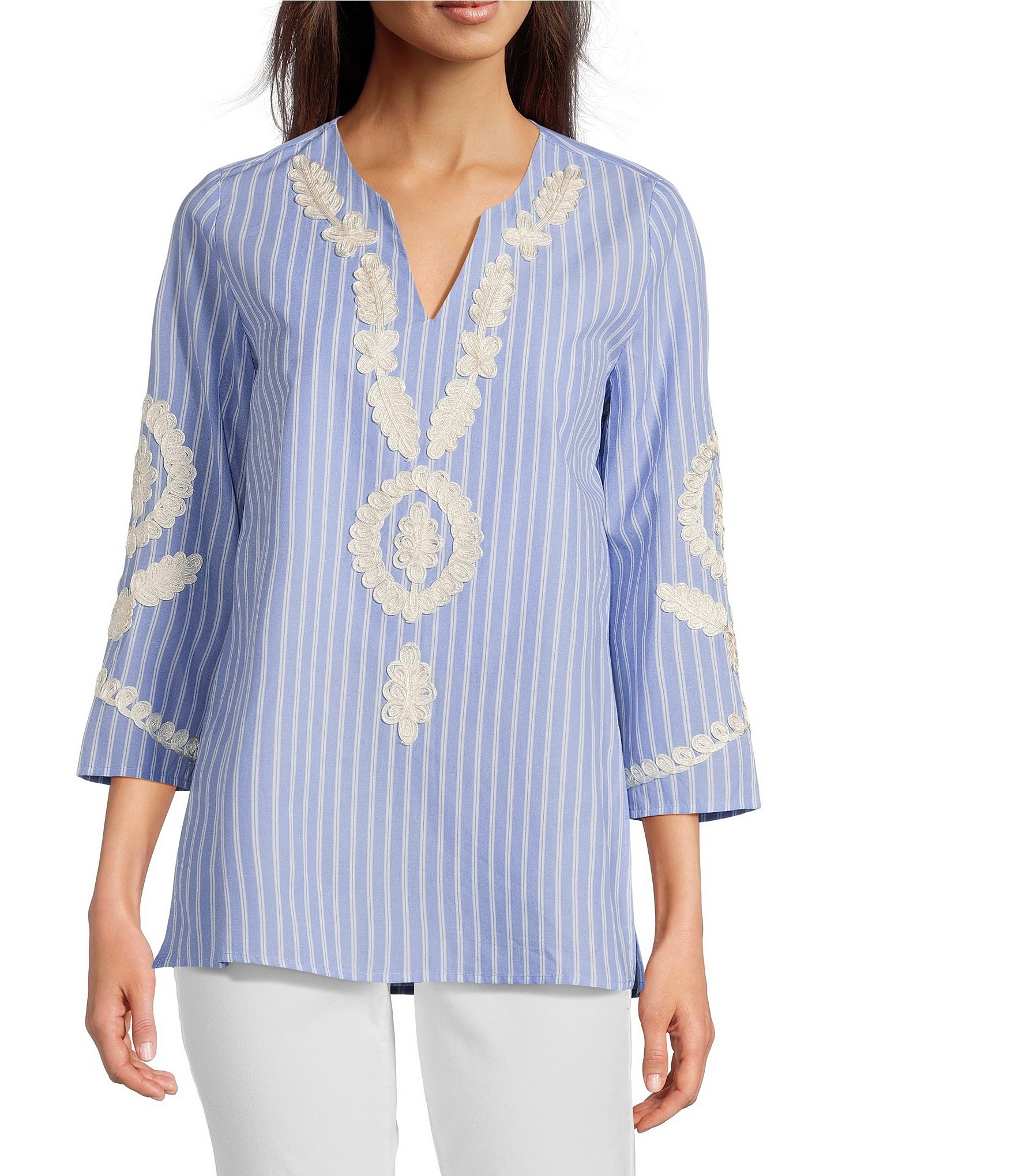 Calessa Embroidered Patchwork Pinstripe Split V-Neck 3/4 Calessa Embroidered Patchwork Pinstripe Split V-Neck 3/4