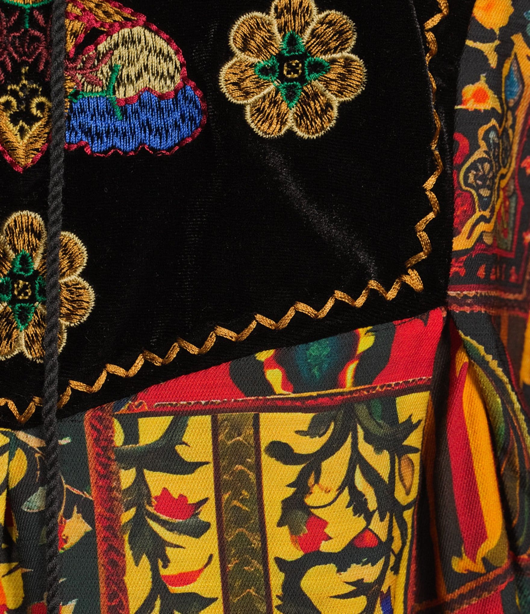 Calessa Embroidered Patchwork Print Split V-Neck 3/4 Sleeve Tassel Tie Tunic