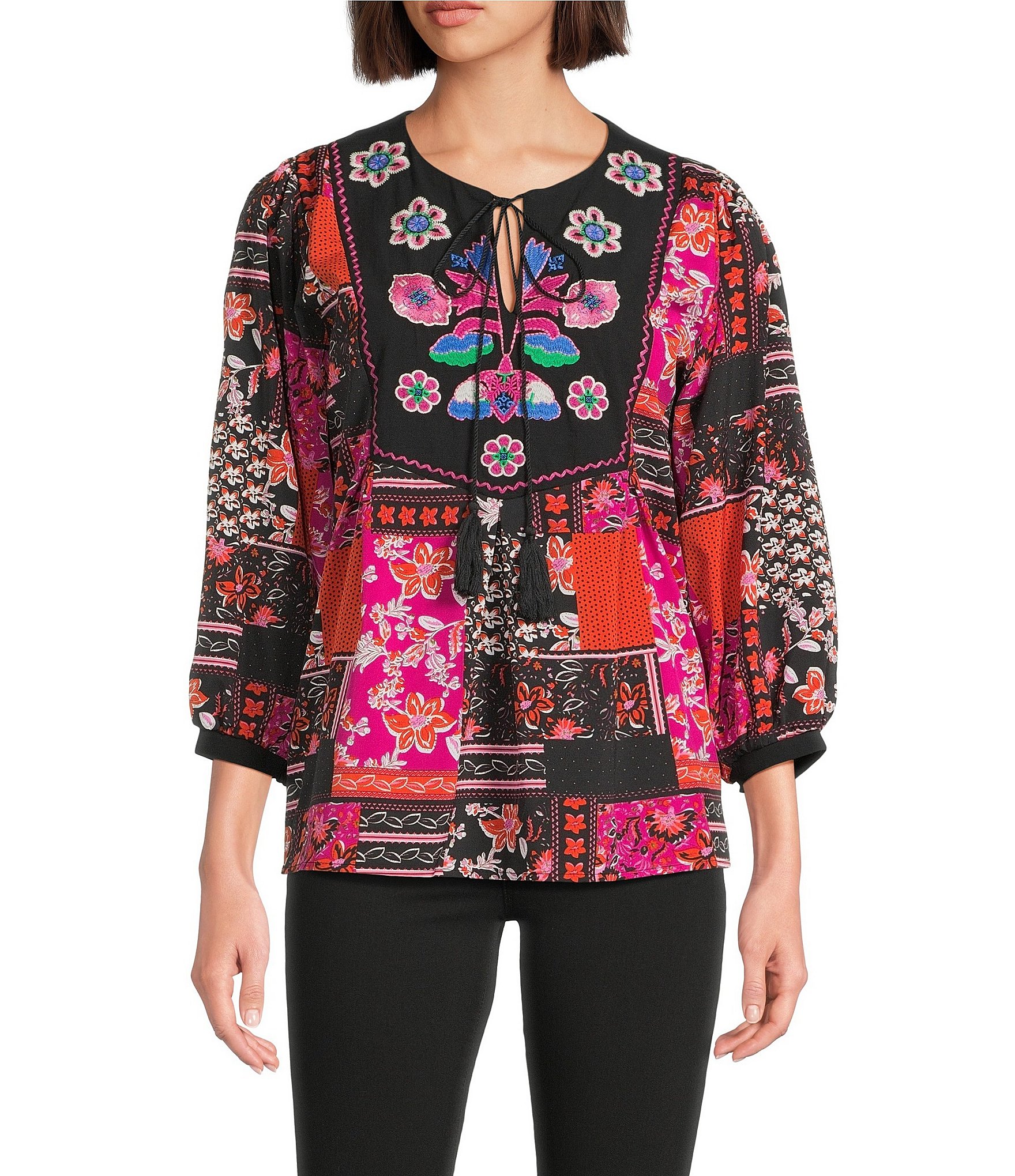 Calessa Embroidered Patchwork Round Split V-Neck 3/4 Sleeve Tunic