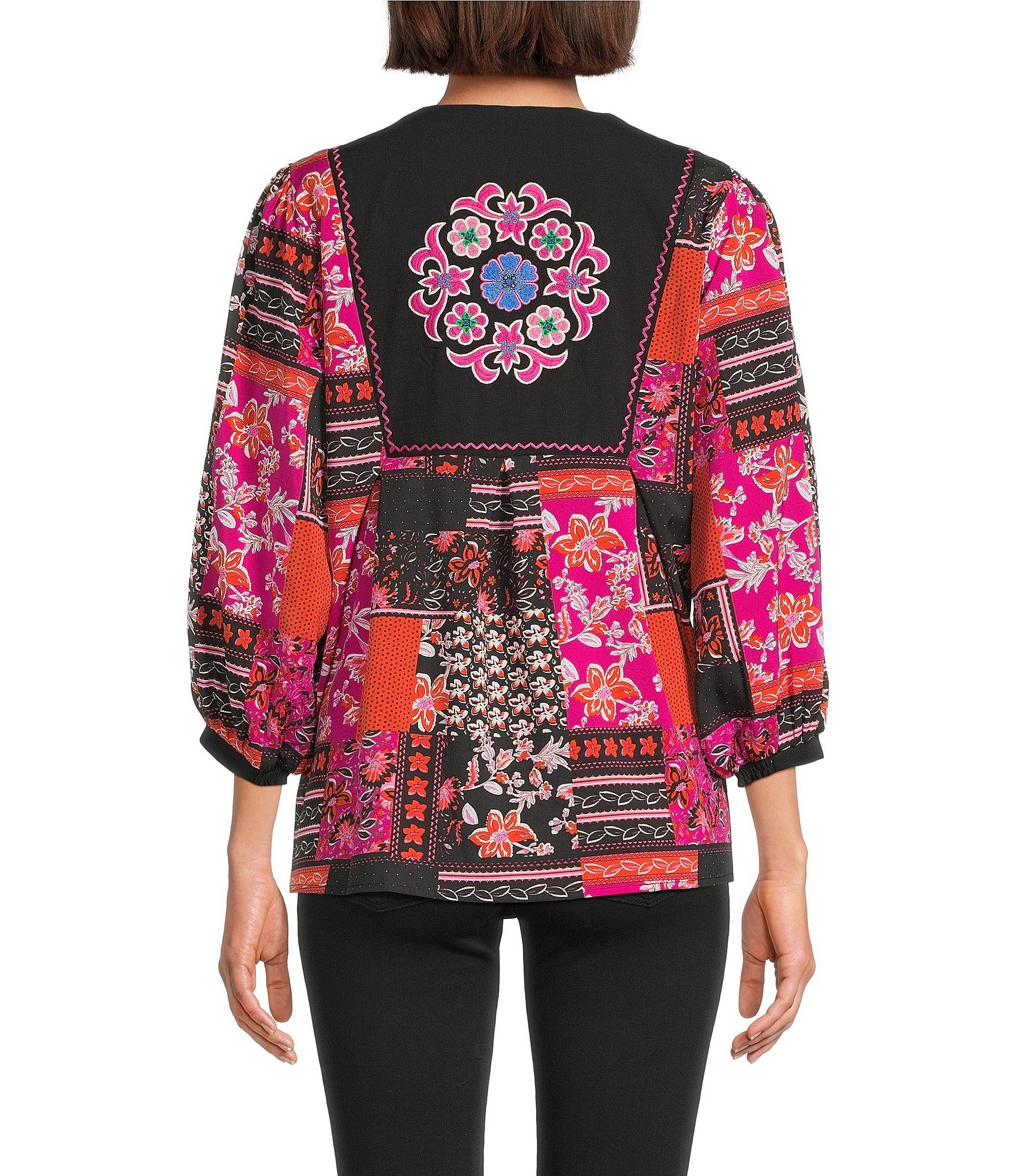 Calessa Embroidered Patchwork Round Split V-Neck 3/4 Sleeve Tunic