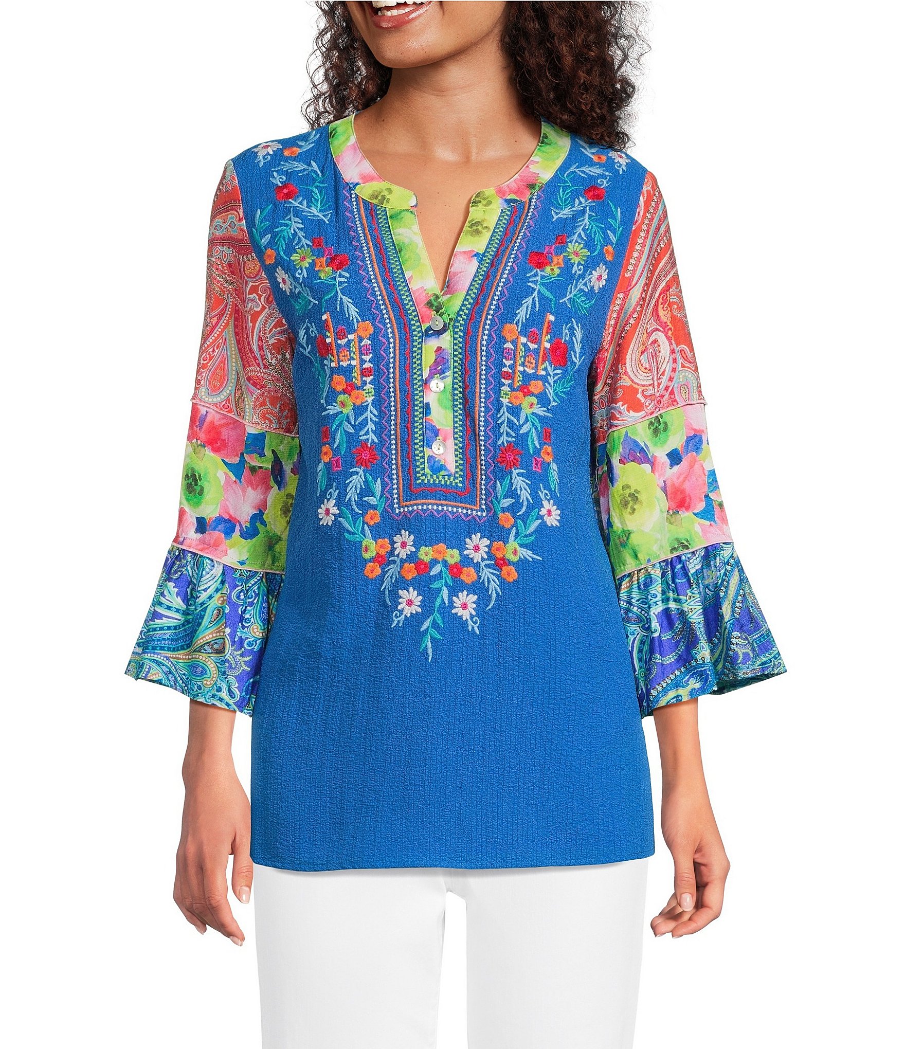 Calessa Embroidered Patchwork Split V-Neck 3/4 Flounce Sleeve Tunic