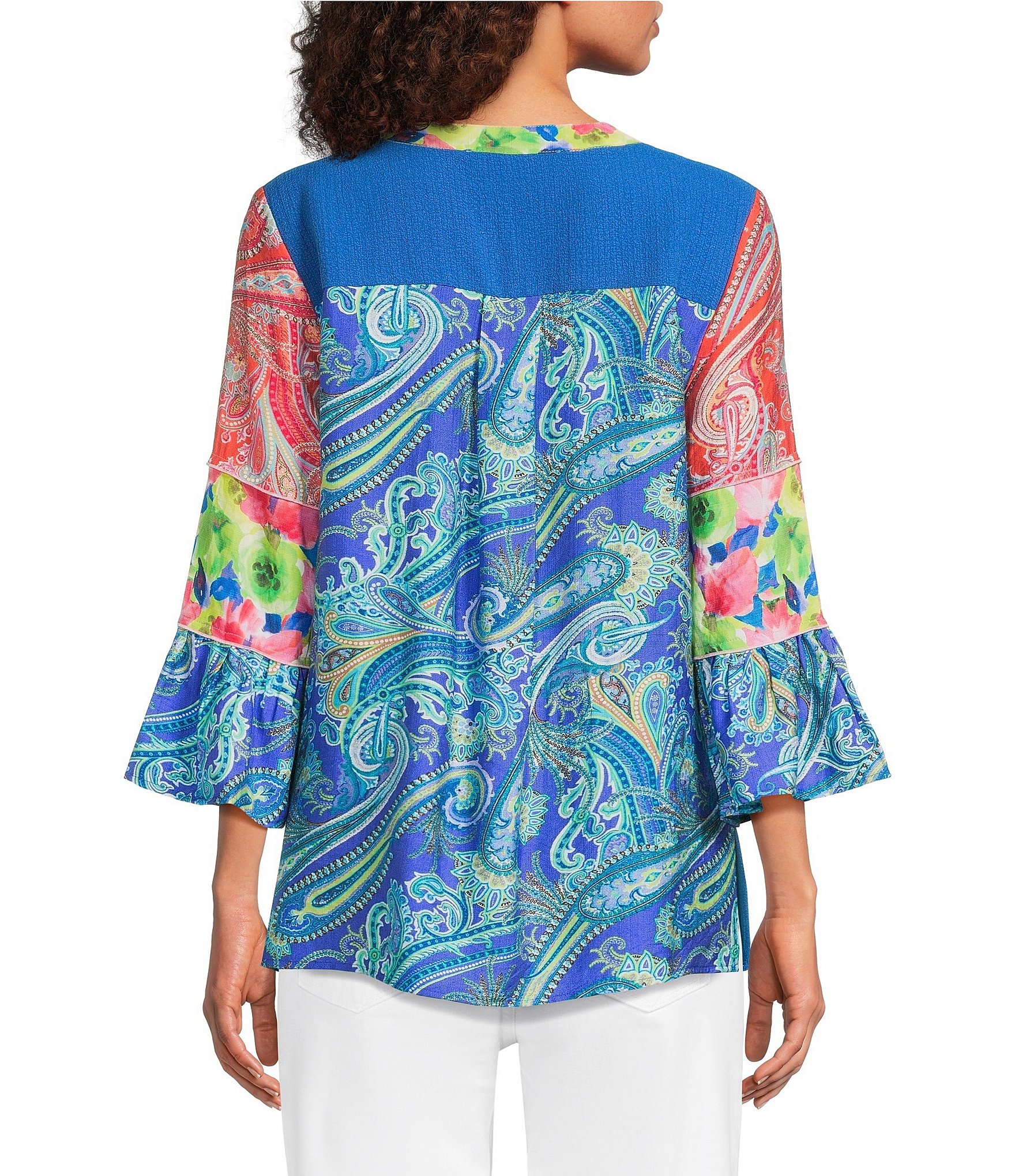 Calessa Embroidered Patchwork Split V-Neck 3/4 Flounce Sleeve Tunic
