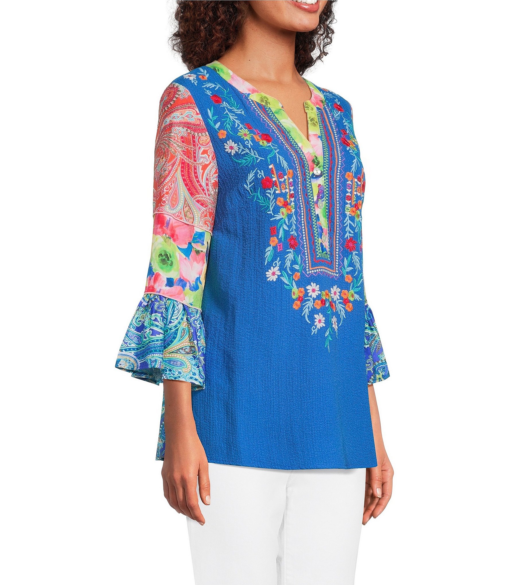 Calessa Embroidered Patchwork Split V-Neck 3/4 Flounce Sleeve Tunic