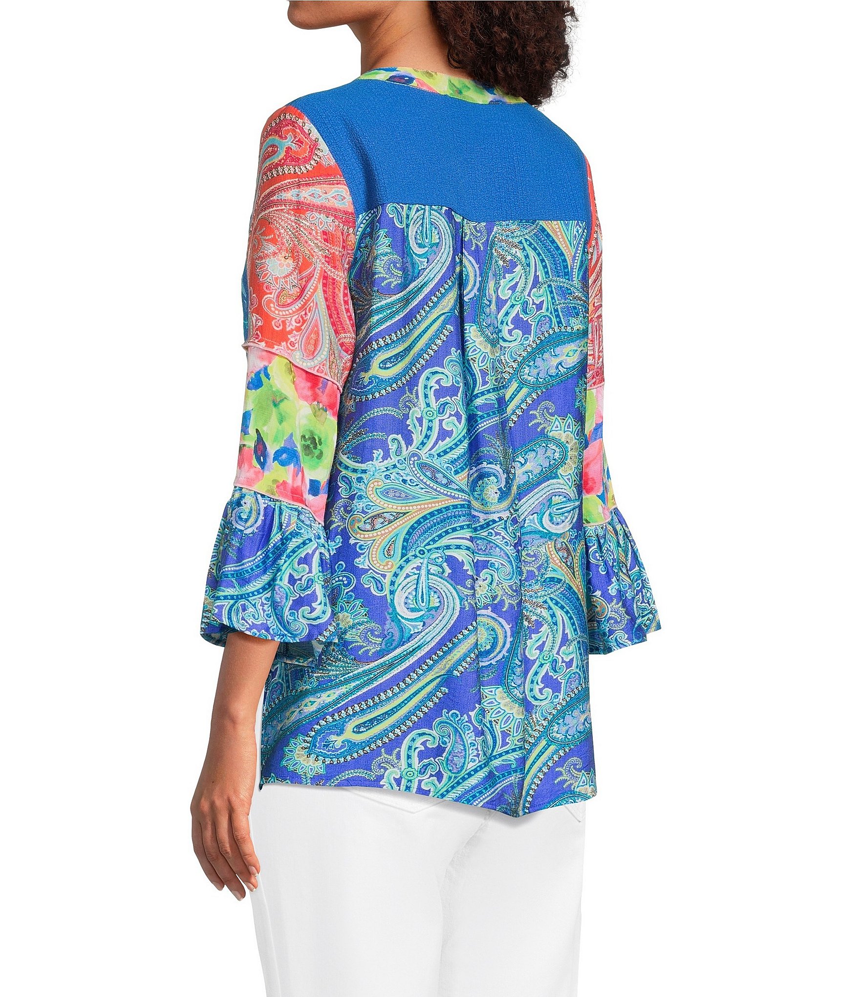 Calessa Embroidered Patchwork Split V-Neck 3/4 Flounce Sleeve Tunic