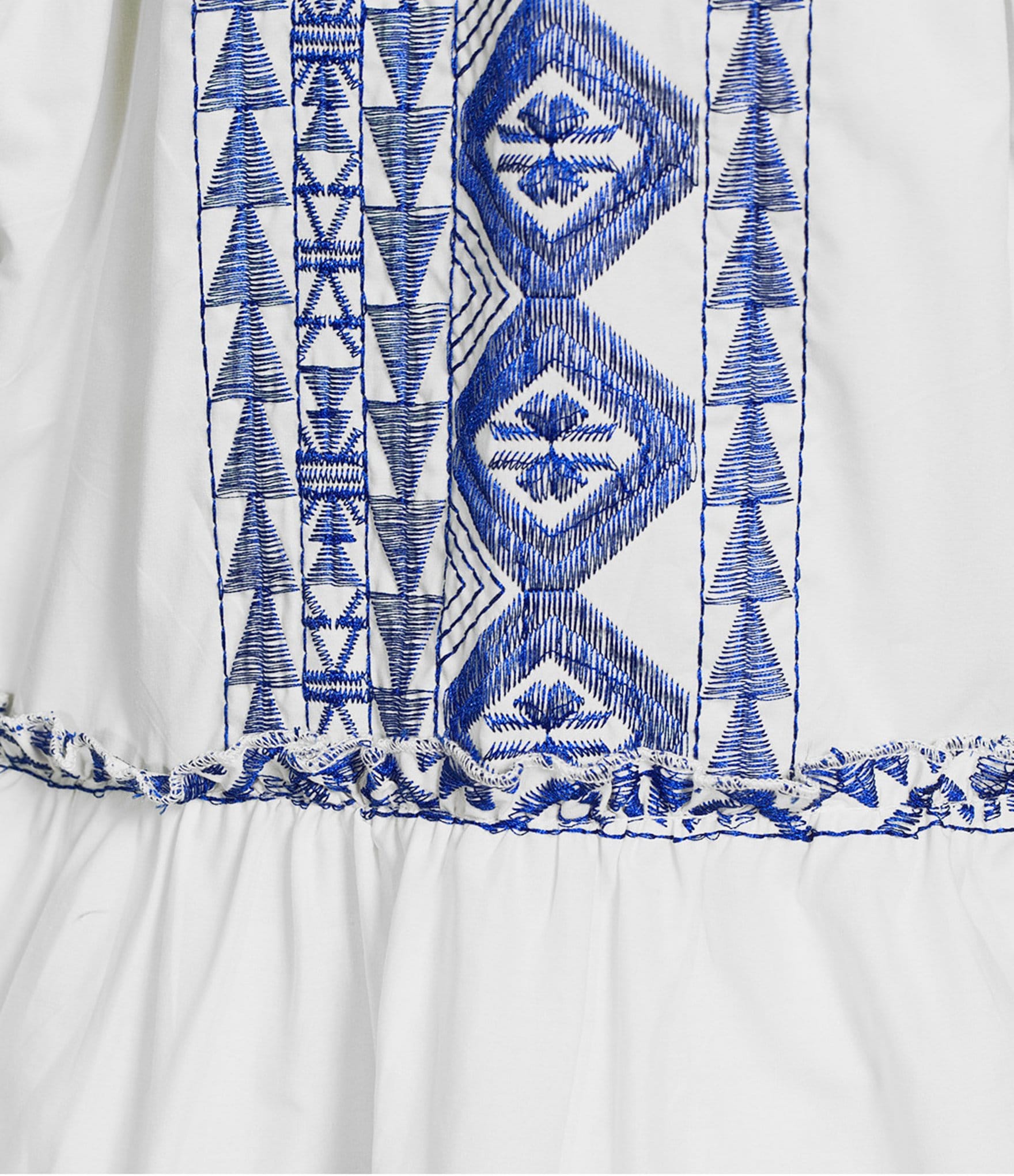 Calessa Embroidered Printed Band Collar Split V-Neck 3/4 Sleeve Shift Dress