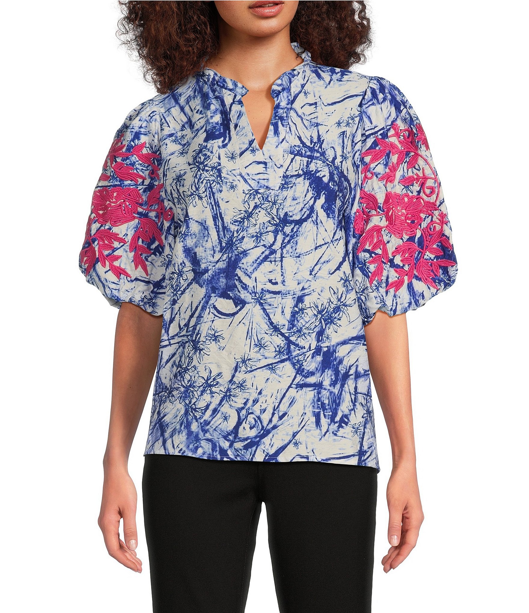 Calessa Embroidered Printed Ruffled Split V-Neck Elbow