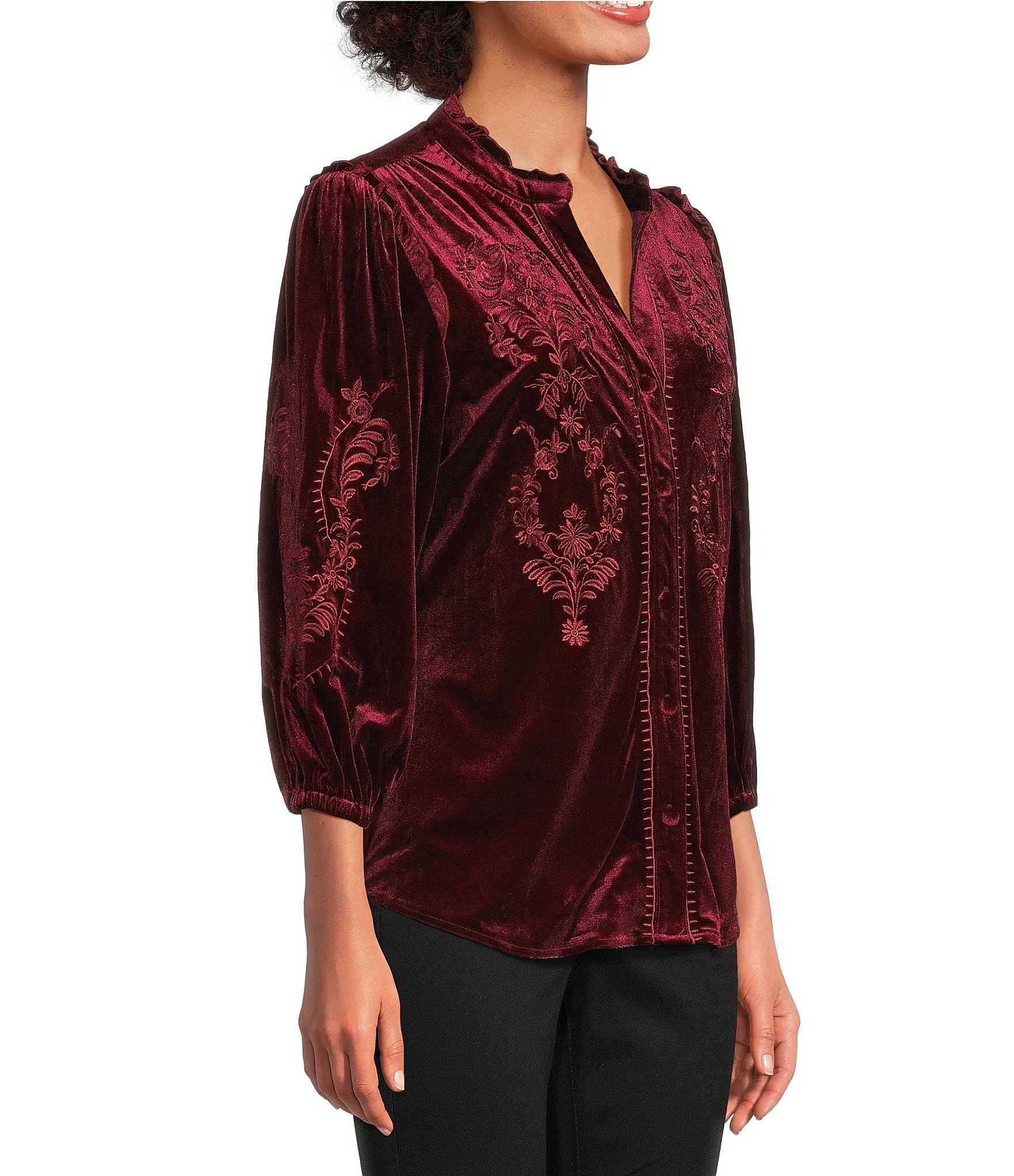 Calessa Embroidered Ruffle Split V-Neck 3/4 Sleeve Button Front Velvet Tunic