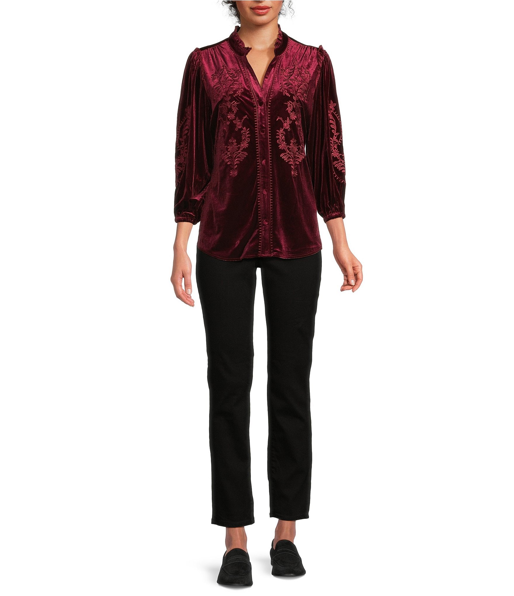 Calessa Embroidered Ruffle Split V-Neck 3/4 Sleeve Button Front Velvet Tunic