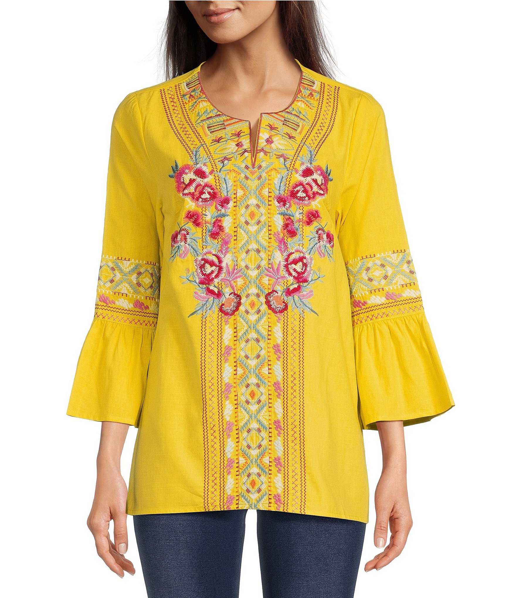 Calessa Embroidered Split Neck Tie Detail 3 4 Sleeve Pullover Blouse