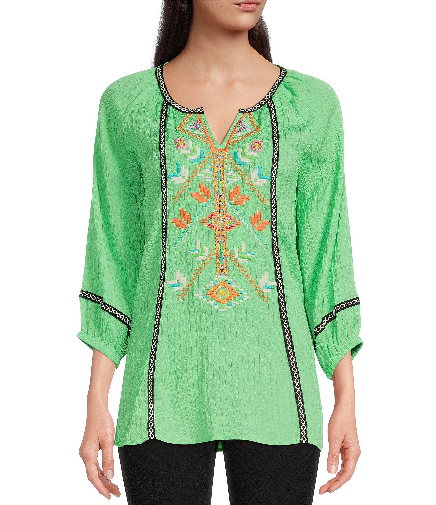 Calessa Embroidered Split Scoop Neck 3/4 Sleeve Solid Crinkled Tunic ...