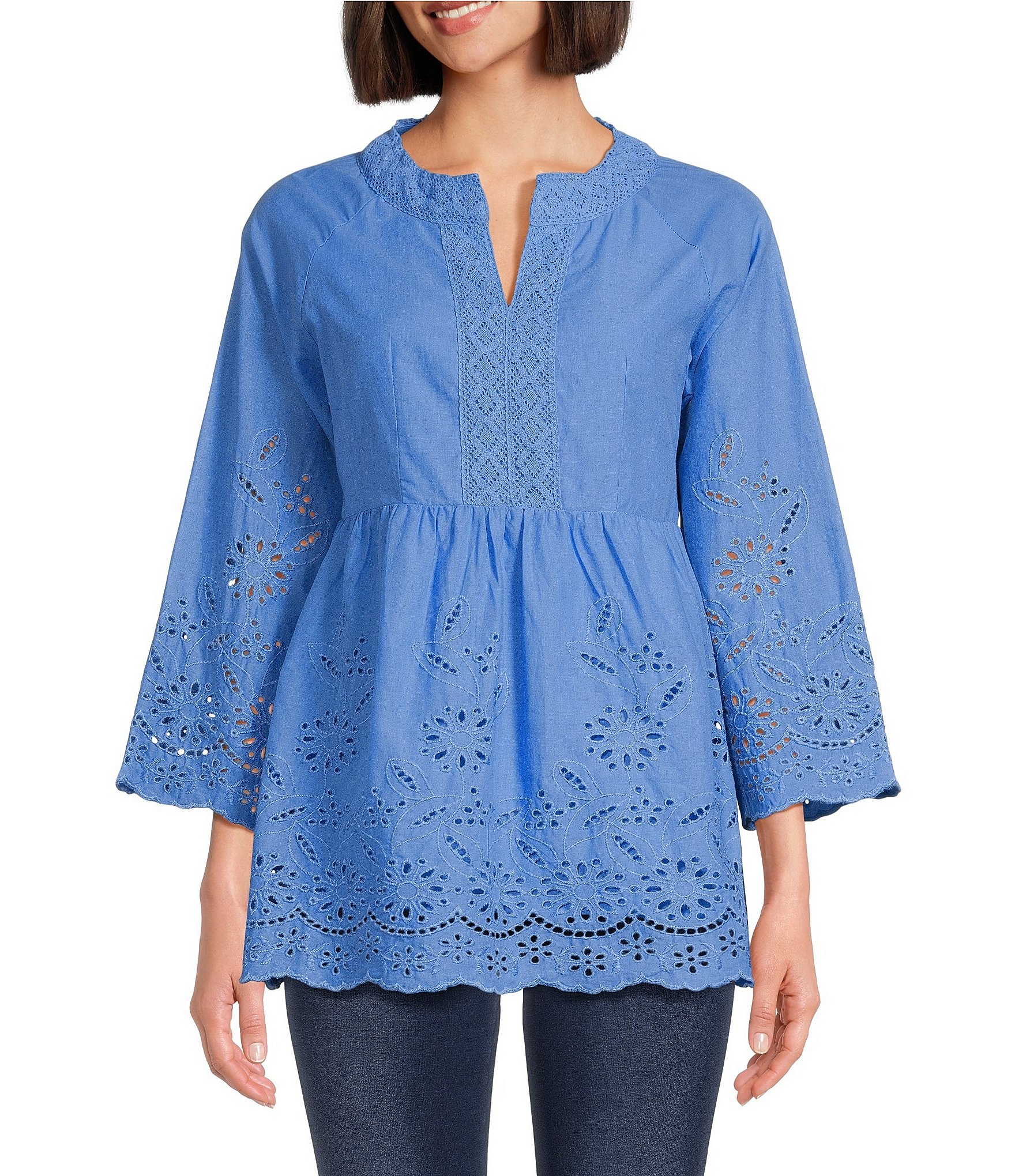 Calessa Embroidered Split Round Neckline 3 4 Sleeve Tunic Dillards