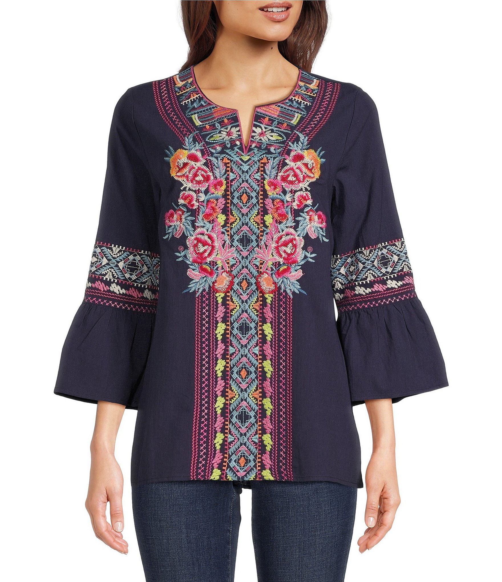 Calessa Embroidered Split V Neck 3 4 Bell Sleeve Tunic Dillards