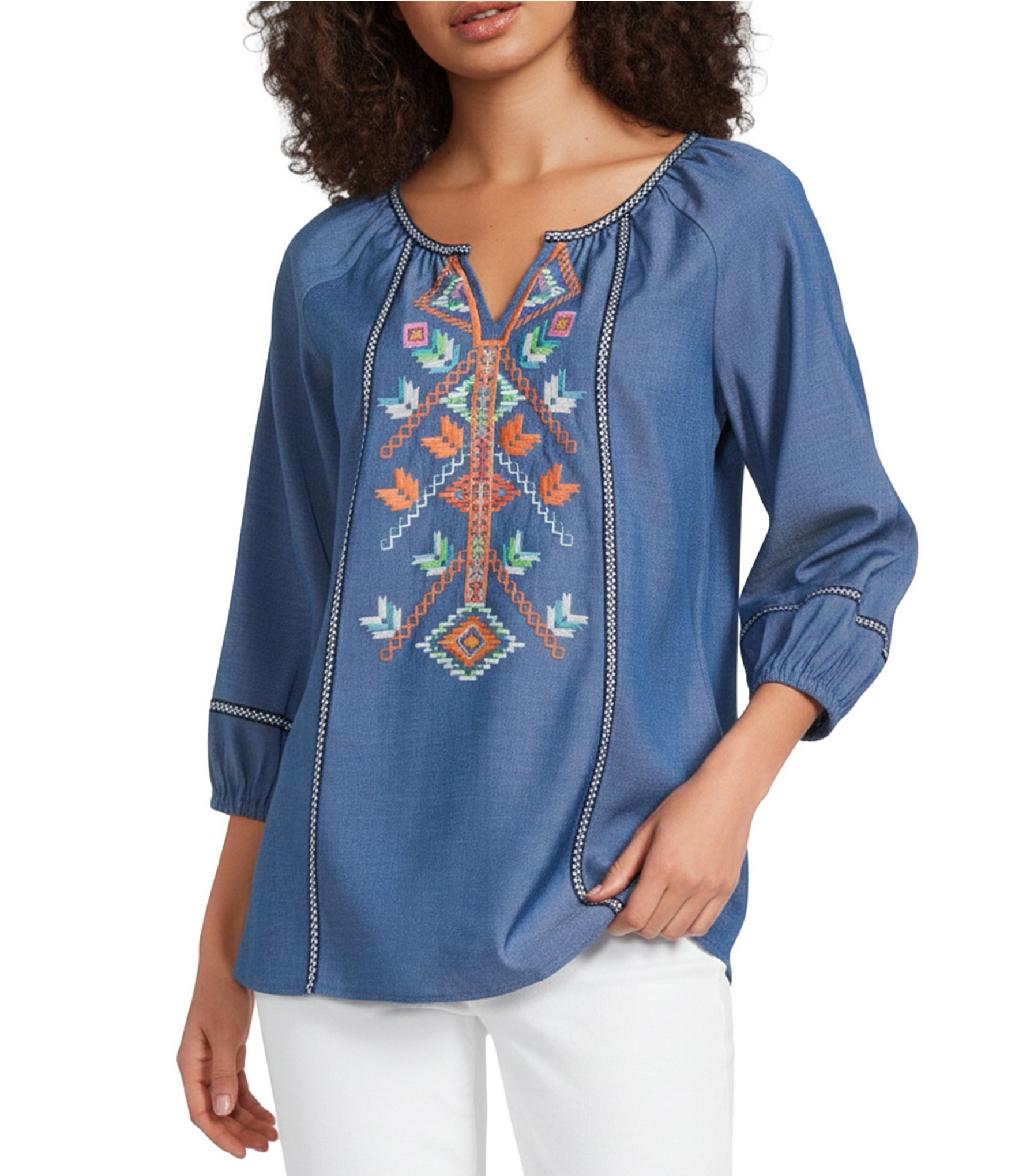 Calessa Embroidered Split V-Neck 3/4 Sleeve Tunic