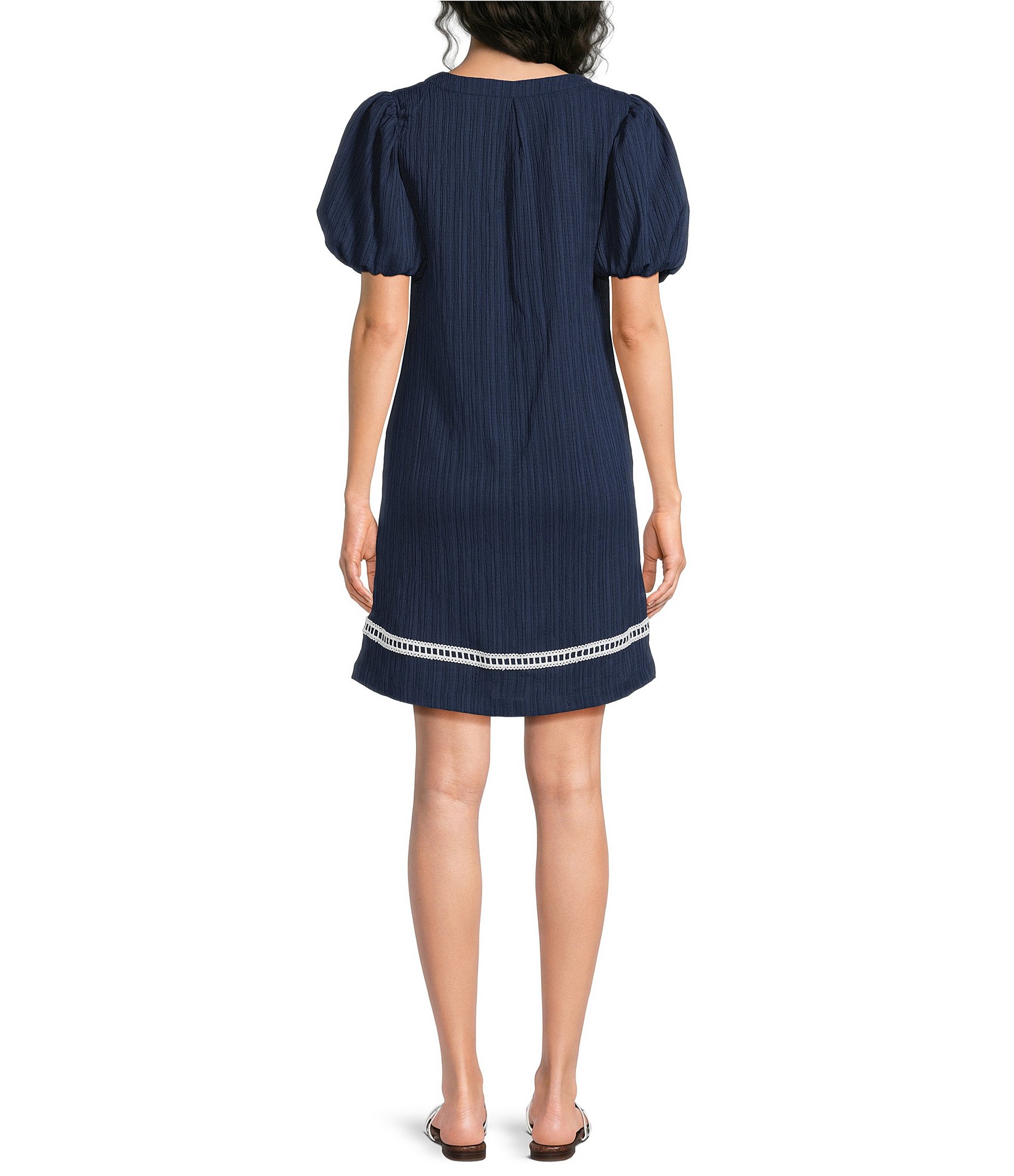 Calessa Embroidered Split V-Neck Short Balloon Sleeve Shift Dress