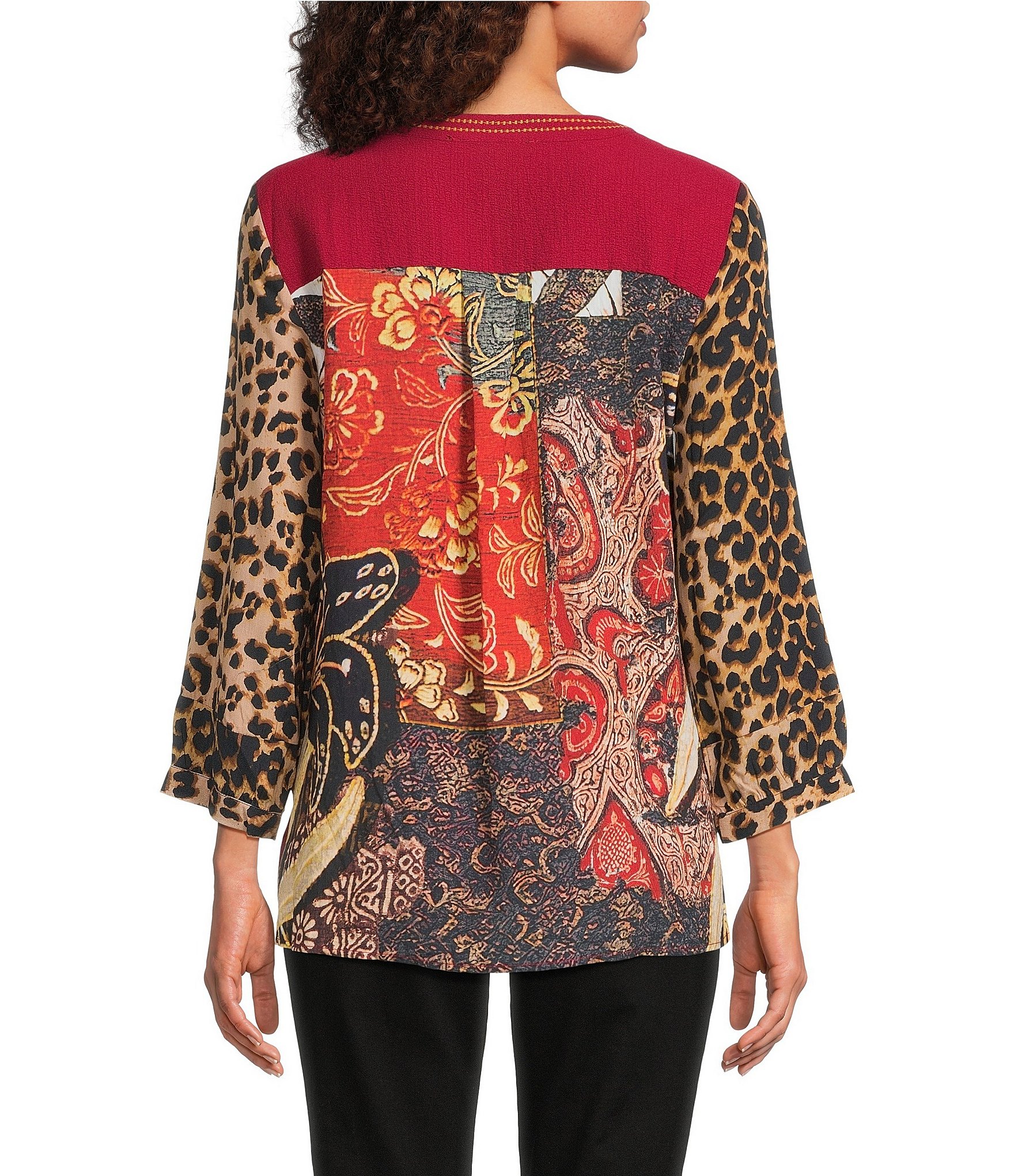 Calessa Embroidered Patchwork Split V-Neck Wrist Length Sleeve Tunic