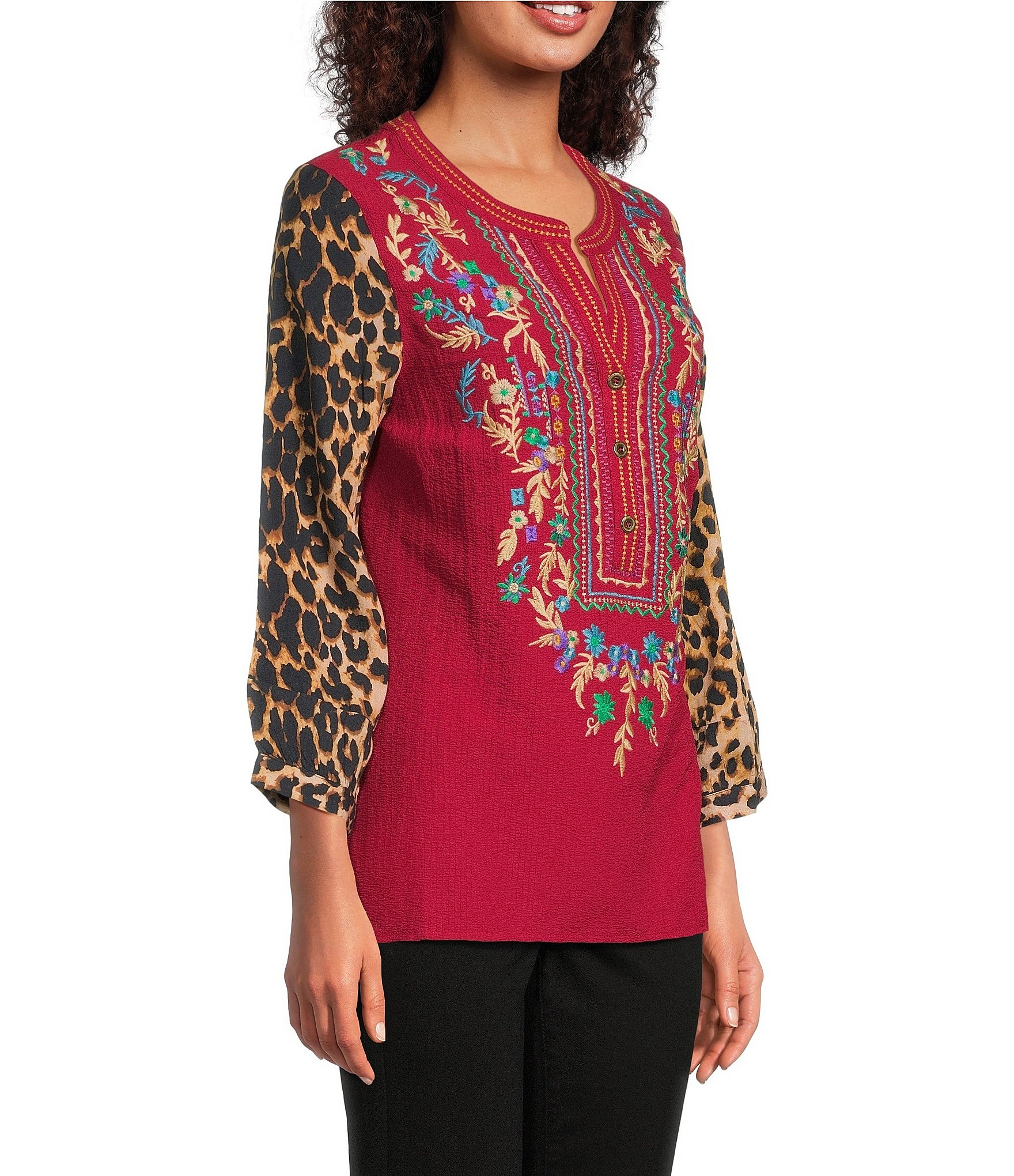 Calessa Embroidered Patchwork Split V-Neck Wrist Length Sleeve Tunic