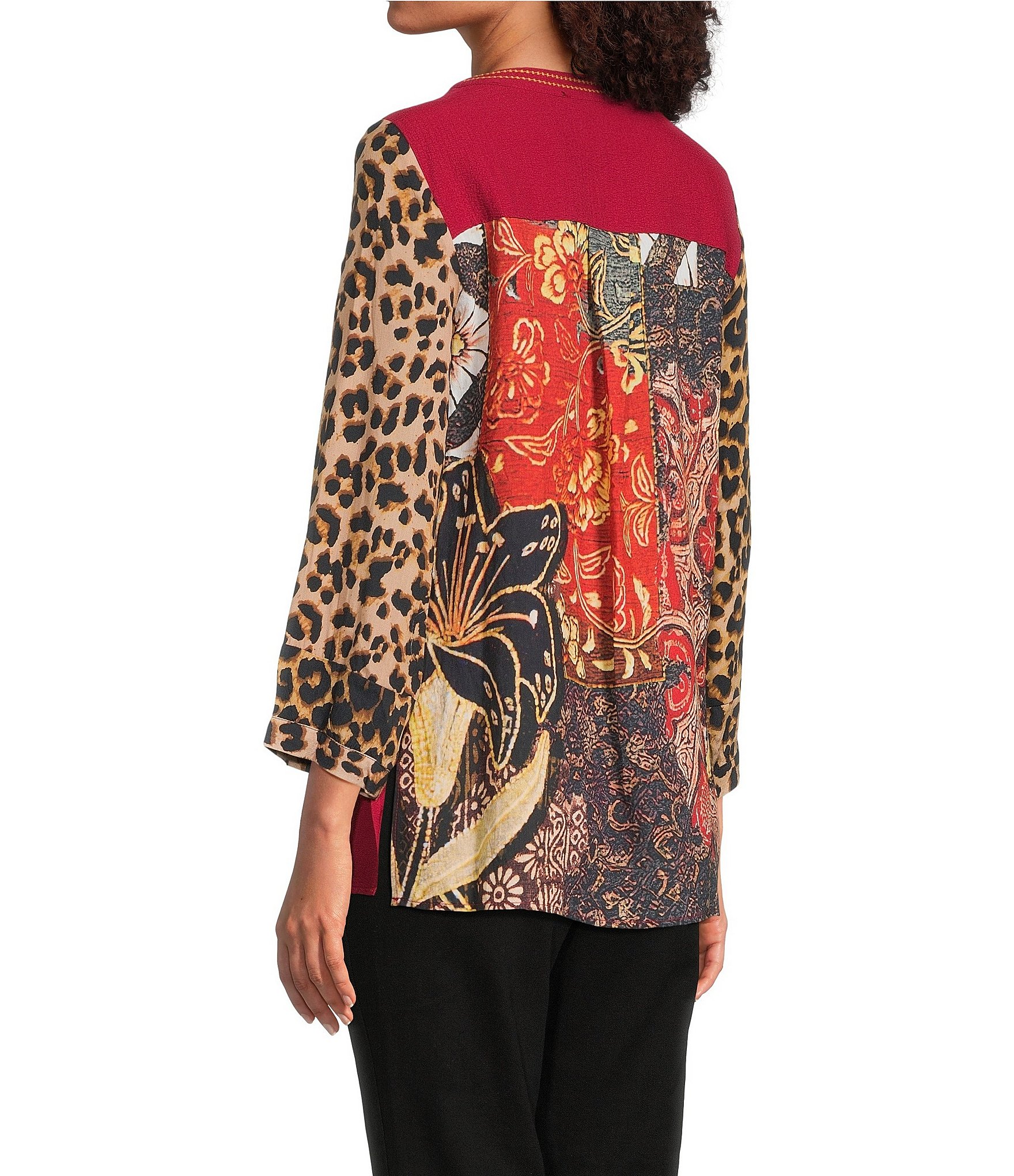 Calessa Embroidered Patchwork Split V-Neck Wrist Length Sleeve Tunic