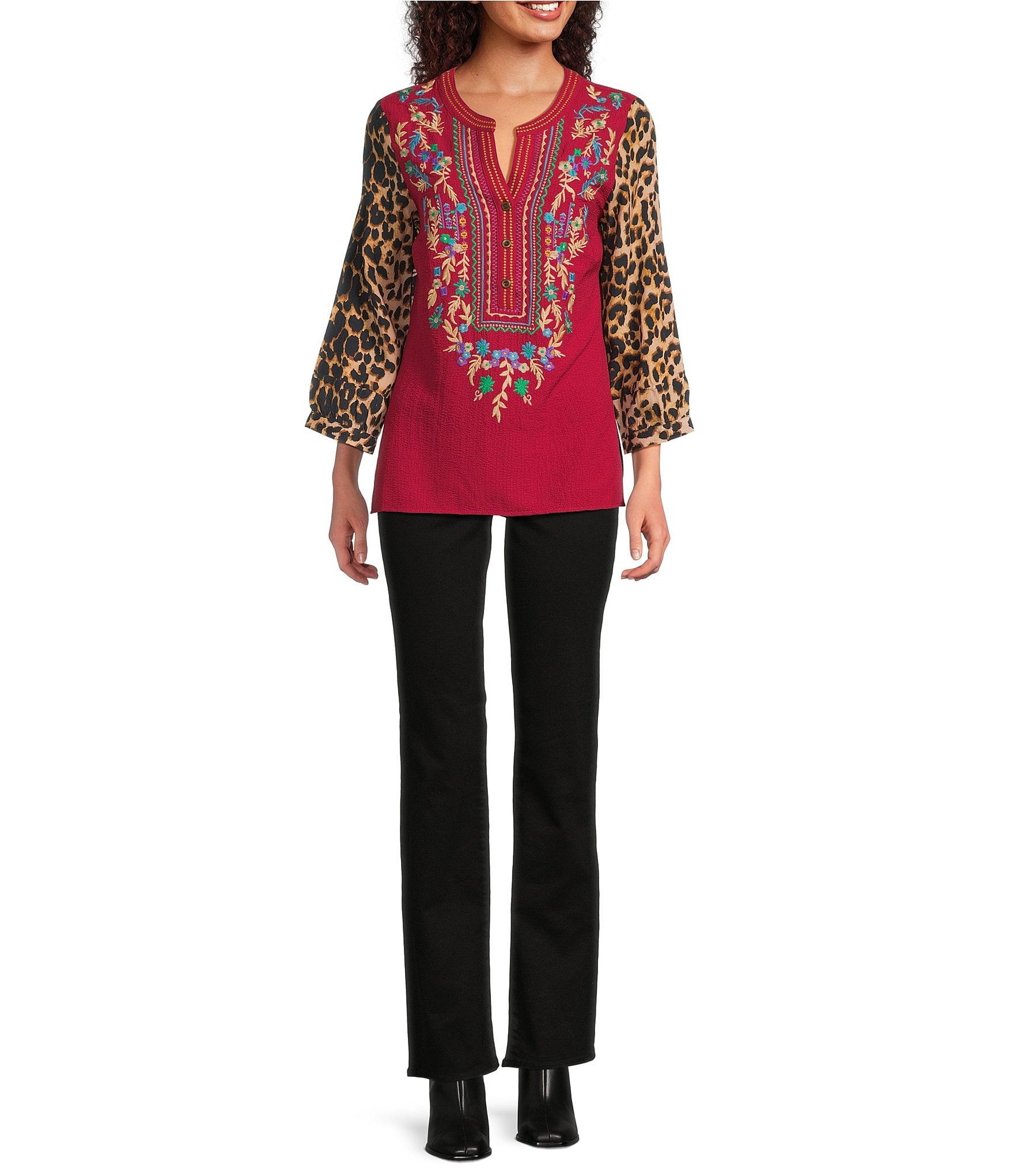 Calessa Embroidered Patchwork Split V-Neck Wrist Length Sleeve Tunic