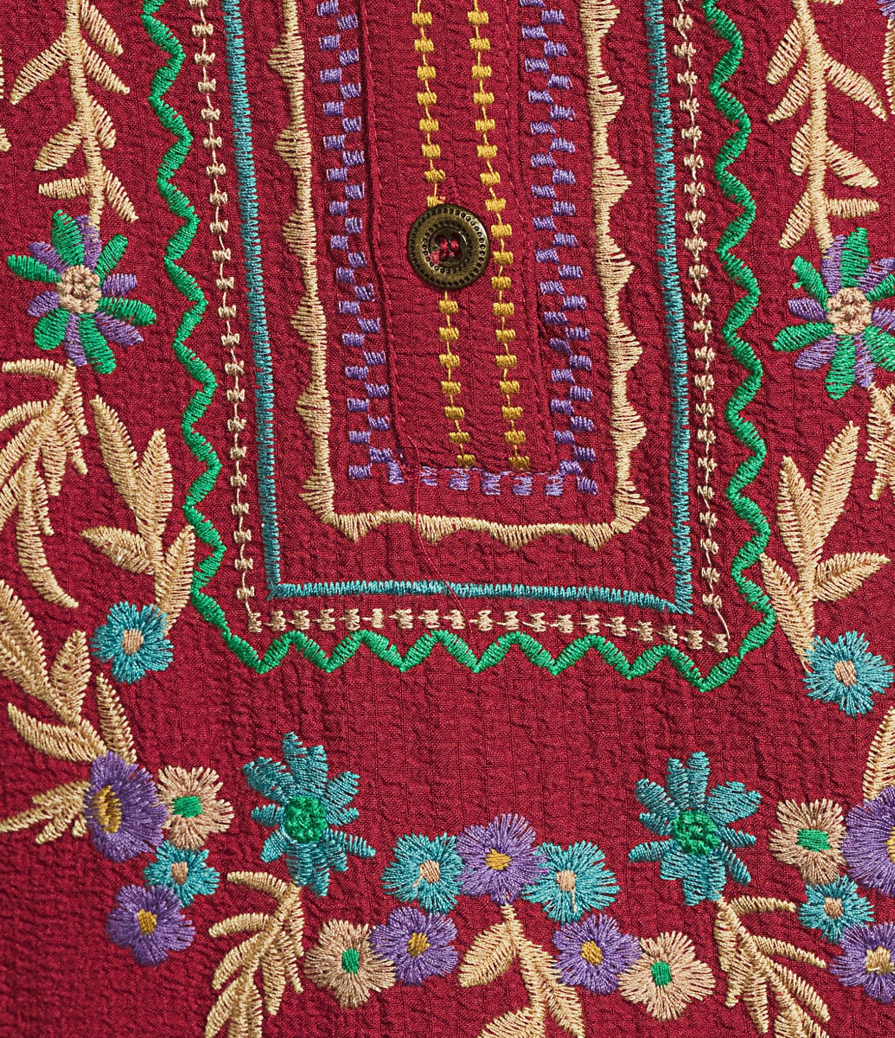 Calessa Embroidered Patchwork Split V-Neck Wrist Length Sleeve Tunic