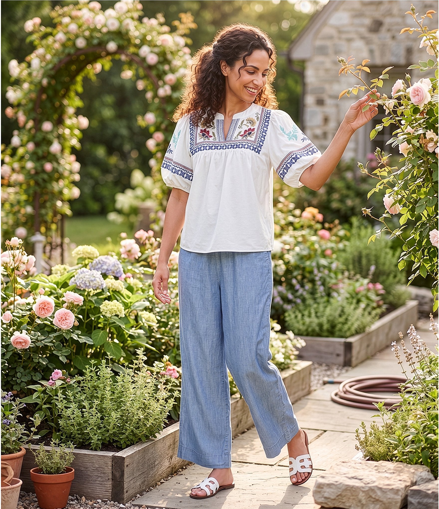 Calessa Embroidered Split V-Neck Short Sleeve Tunic