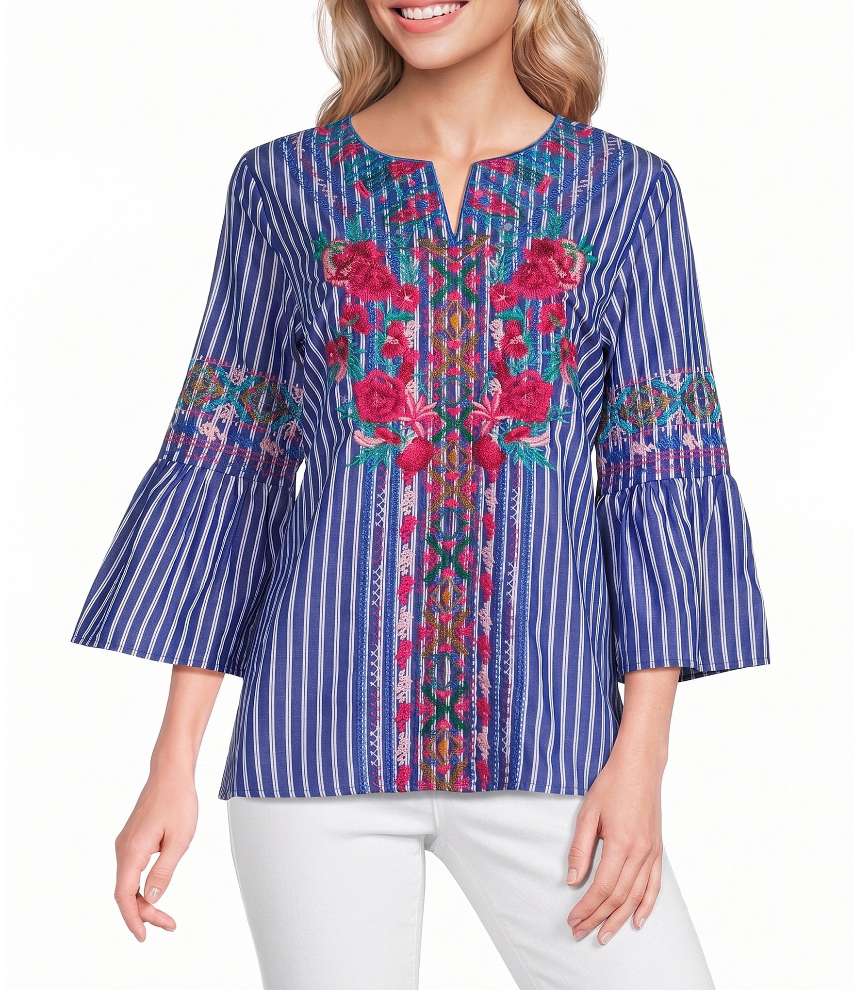 Calessa Embroidered Stripe Split Round Neck 3/4 Sleeve Tunic