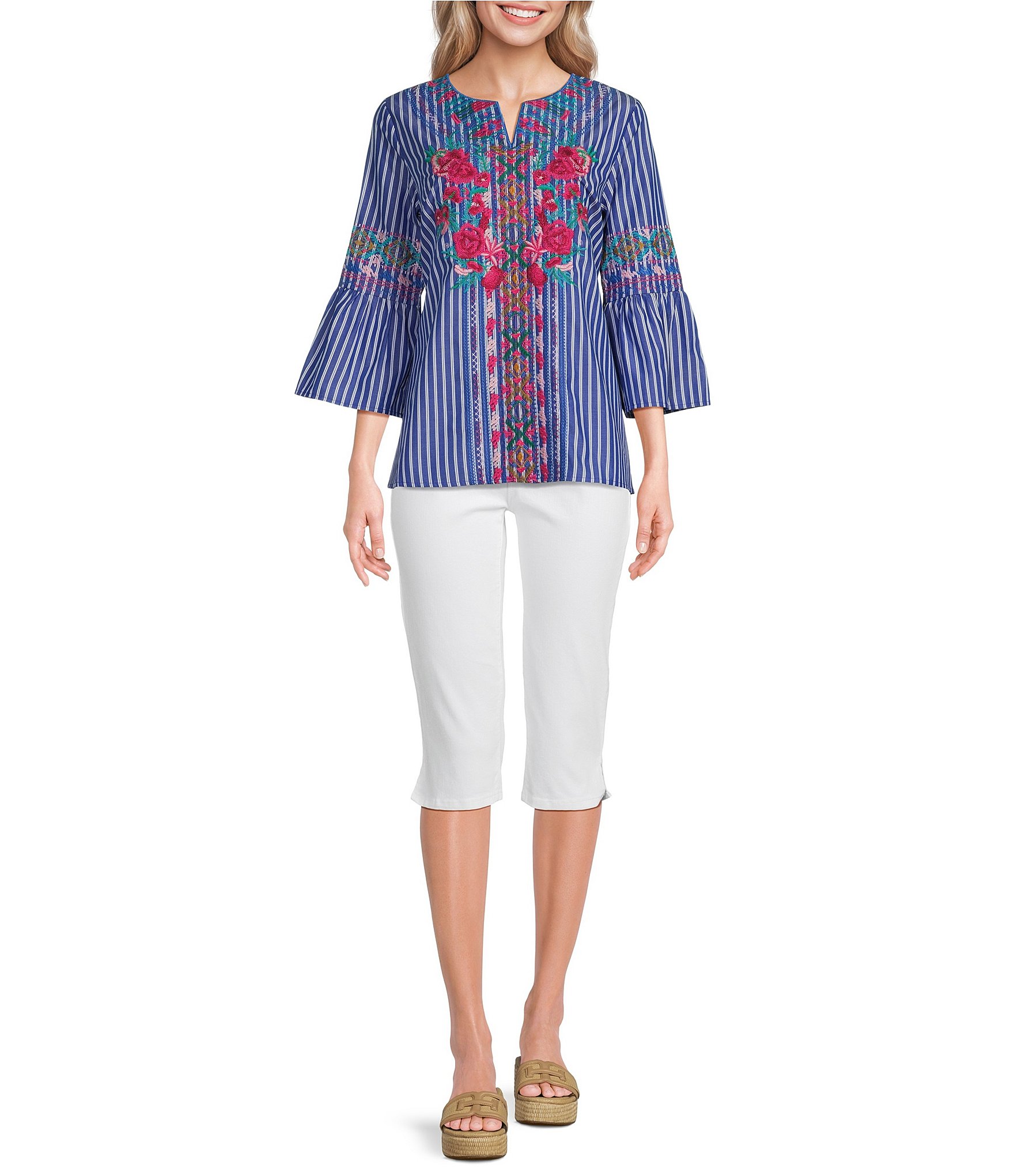 Calessa Embroidered Stripe Split Round Neck 3/4 Sleeve Tunic