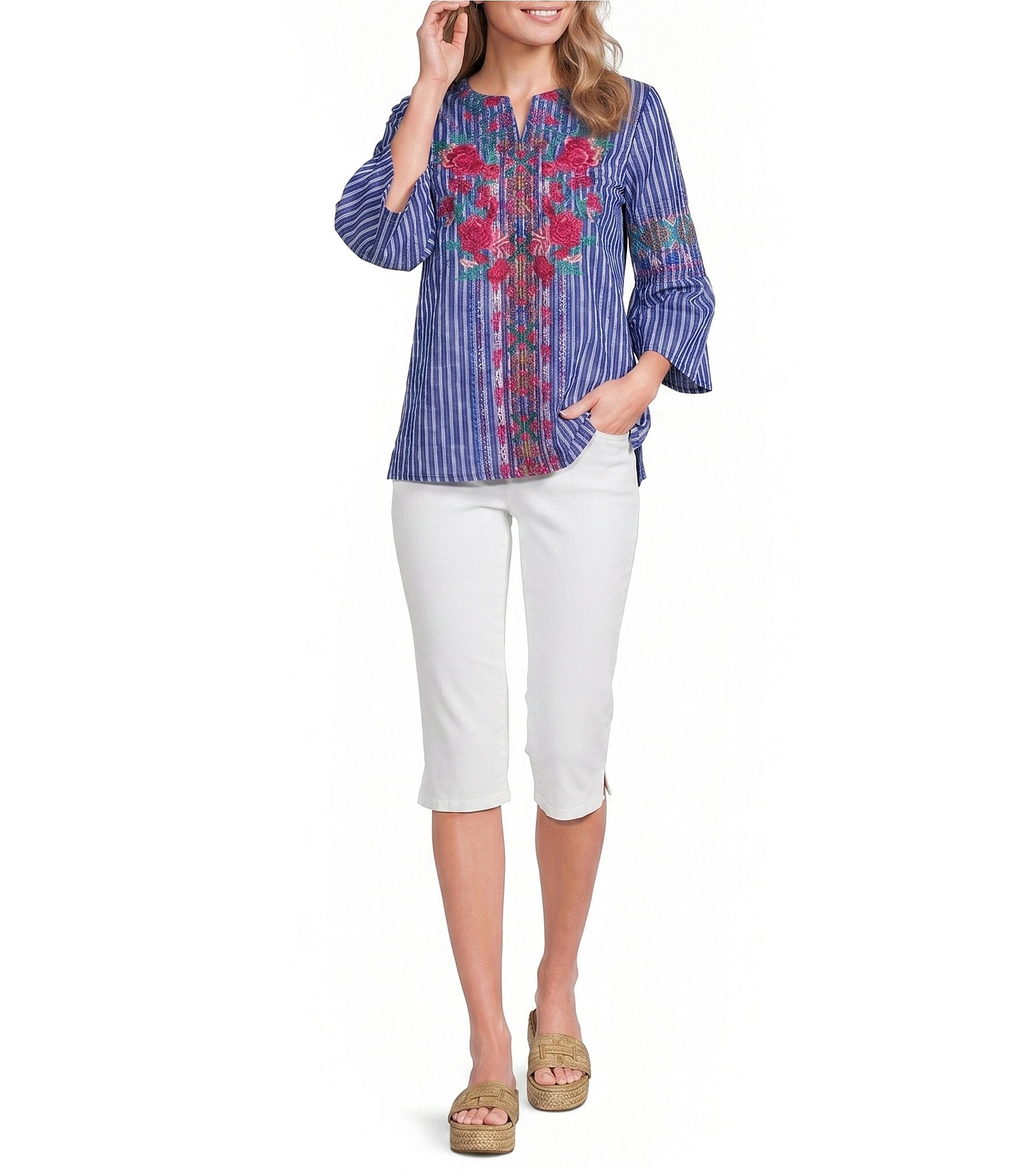 Calessa Embroidered Stripe Split V-Neck 3/4 Sleeve Tunic