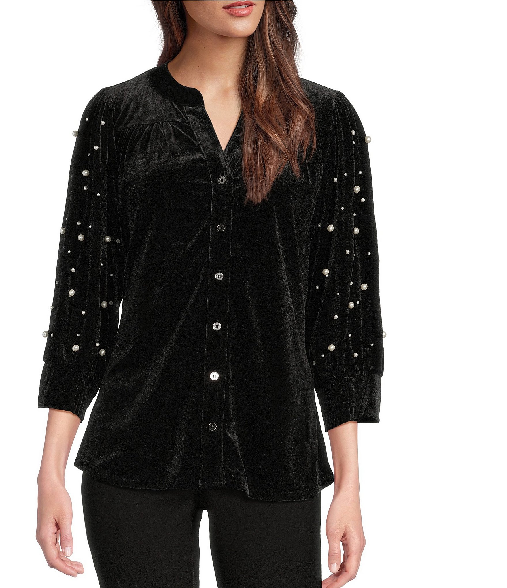 Calessa Embroidered Velvet Faux Pearl Beaded Bracelet Sleeve Split V-Neck Button Front Tunic