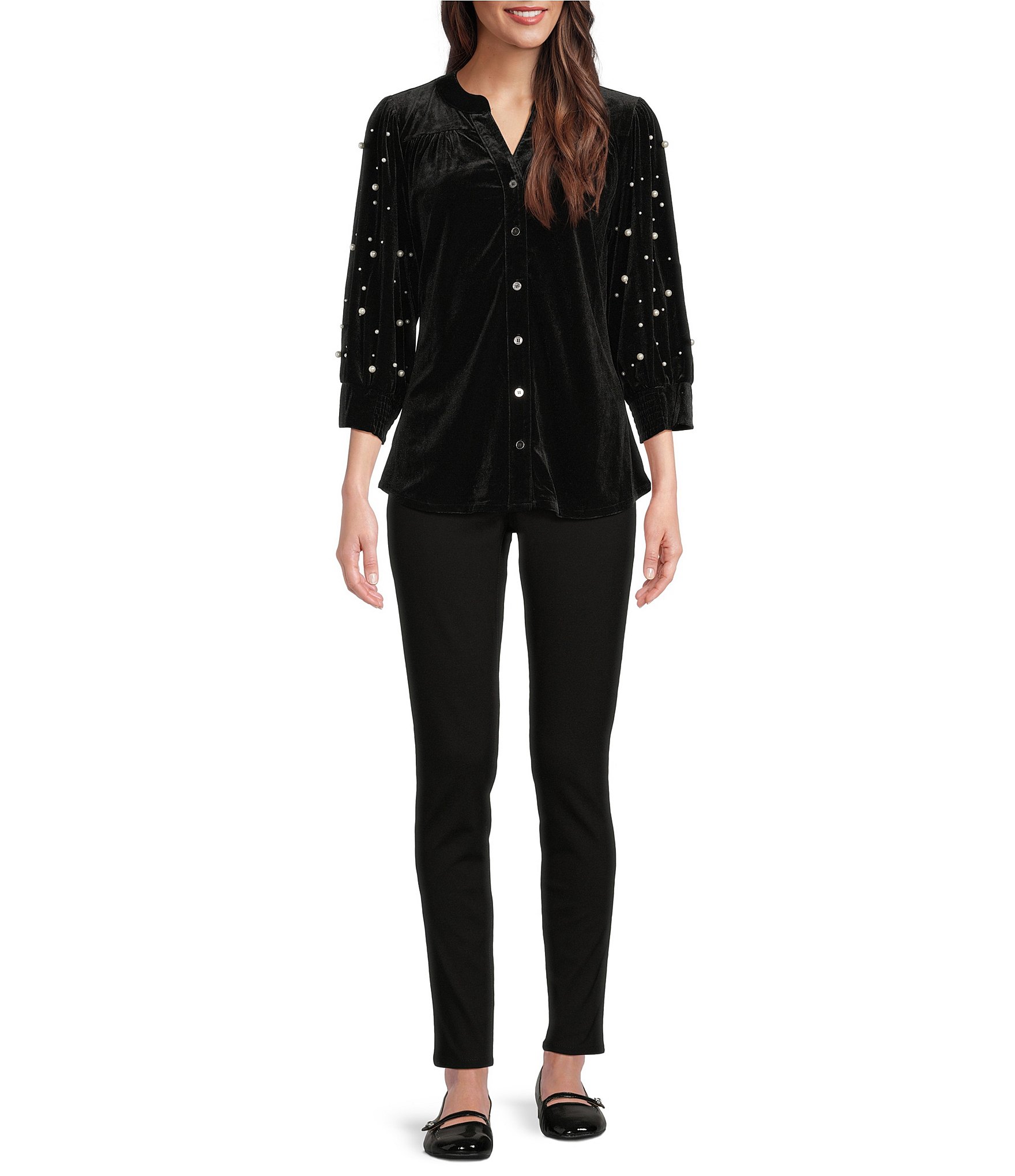 Calessa Embroidered Velvet Faux Pearl Beaded Bracelet Sleeve Split V-Neck Button Front Tunic