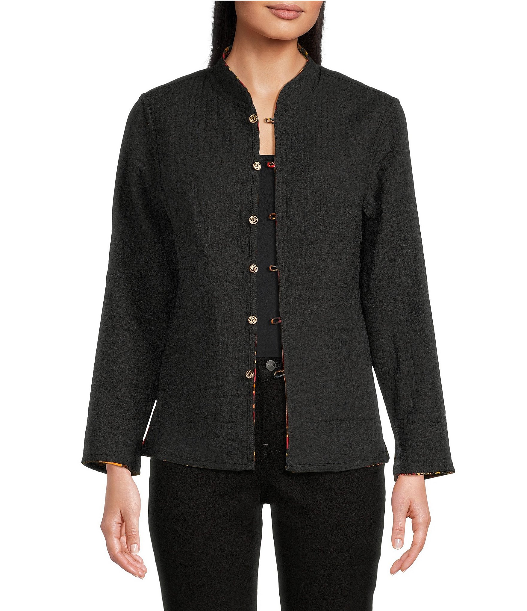 Calessa Festive Patchwork Stand Collar Long Sleeve Button-Front Reversible Shirt Jacket