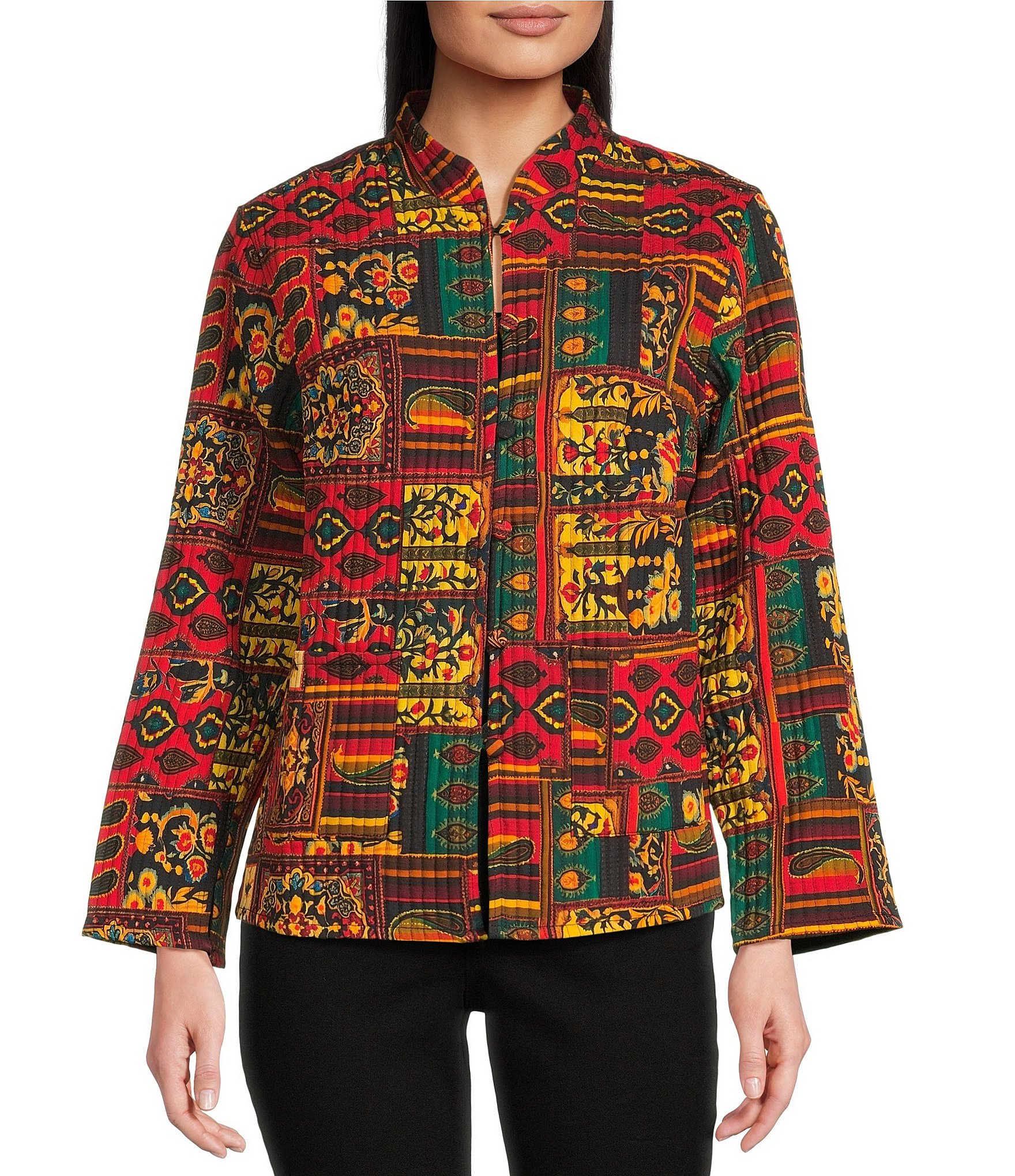Calessa Festive Patchwork Stand Collar Long Sleeve Button-Front Reversible Shirt Jacket