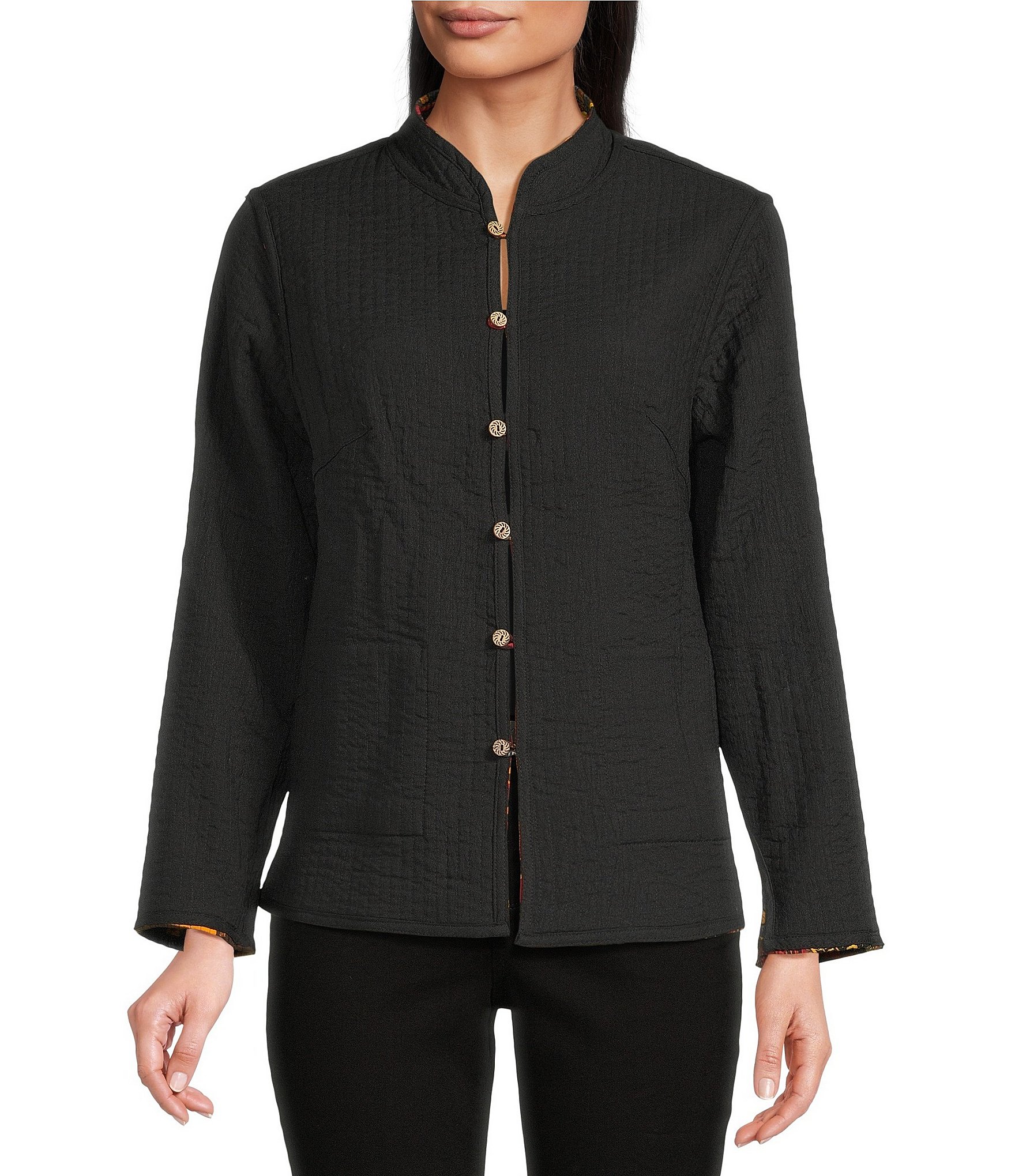 Calessa Festive Patchwork Stand Collar Long Sleeve Button-Front Reversible Shirt Jacket