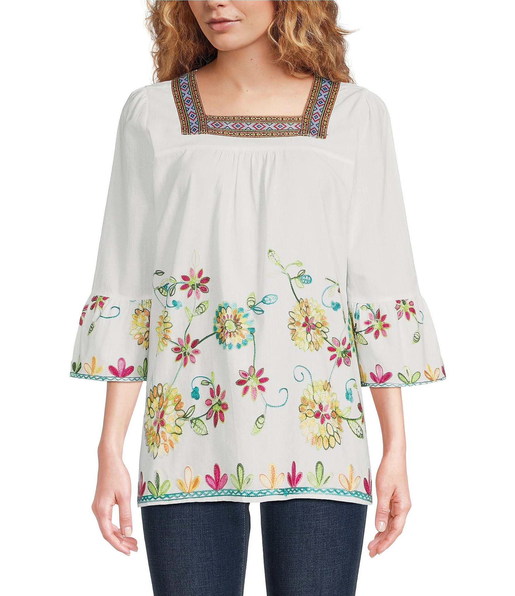 Calessa Floral Borderer Embroidered Square Neck 3/4 Sleeve Tunic ...