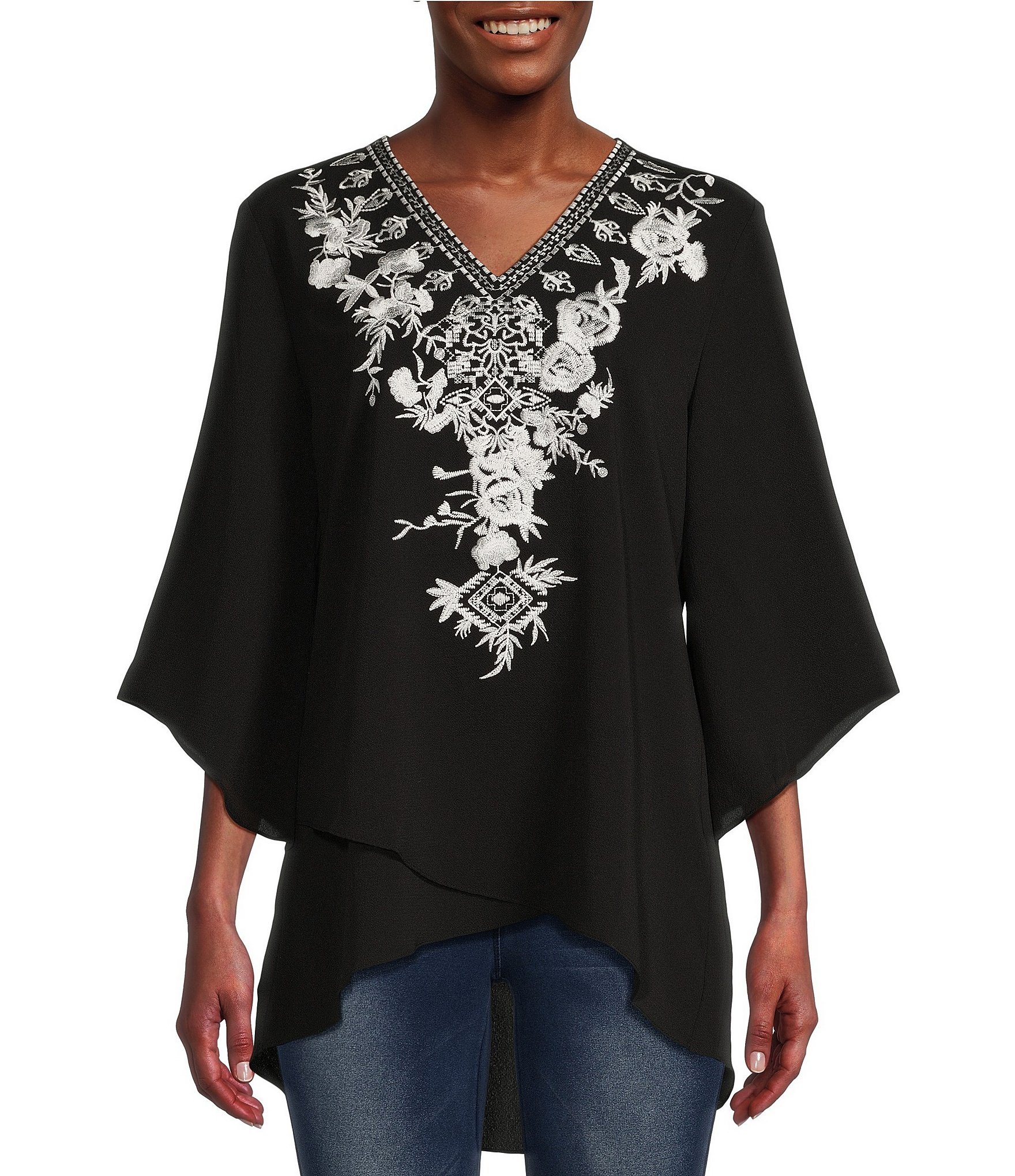 Calessa Floral Embroidered V-Neck 3/4 Sleeve Asymmetrical