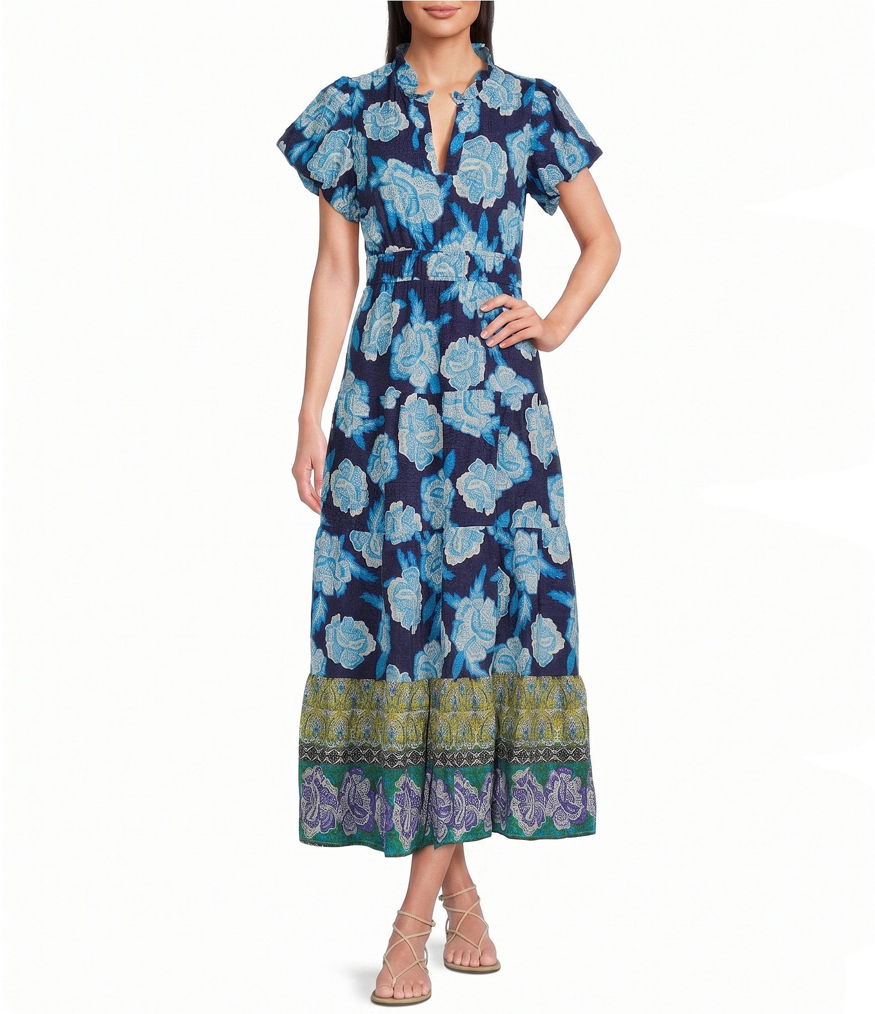 Calessa Floral Split V-Neck Elasticized Short Sleeve Tiered Maxi Dress
